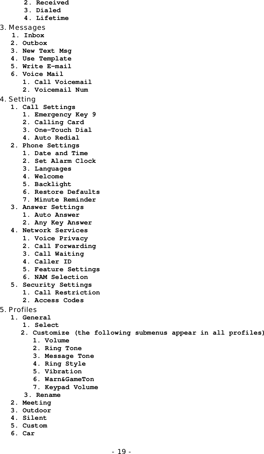 - 19 -      2. Received      3. Dialed      4. Lifetime3. Messages   1. Inbox2. Outbox3. New Text Msg4. Use Template5. Write E-mail6. Voice Mail   1. Call Voicemail   2. Voicemail Num4. Setting1. Call Settings   1. Emergency Key 9   2. Calling Card   3. One-Touch Dial   4. Auto Redial2. Phone Settings   1. Date and Time   2. Set Alarm Clock   3. Languages   4. Welcome   5. Backlight   6. Restore Defaults   7. Minute Reminder3. Answer Settings   1. Auto Answer   2. Any Key Answer4. Network Services   1. Voice Privacy   2. Call Forwarding   3. Call Waiting   4. Caller ID   5. Feature Settings   6. NAM Selection5. Security Settings   1. Call Restriction   2. Access Codes5. Profiles1. General   1. Select2. Customize (the following submenus appear in all profiles)   1. Volume   2. Ring Tone   3. Message Tone   4. Ring Style   5. Vibration   6. Warn&amp;GameTon   7. Keypad Volume      3. Rename2. Meeting3. Outdoor4. Silent5. Custom6. Car