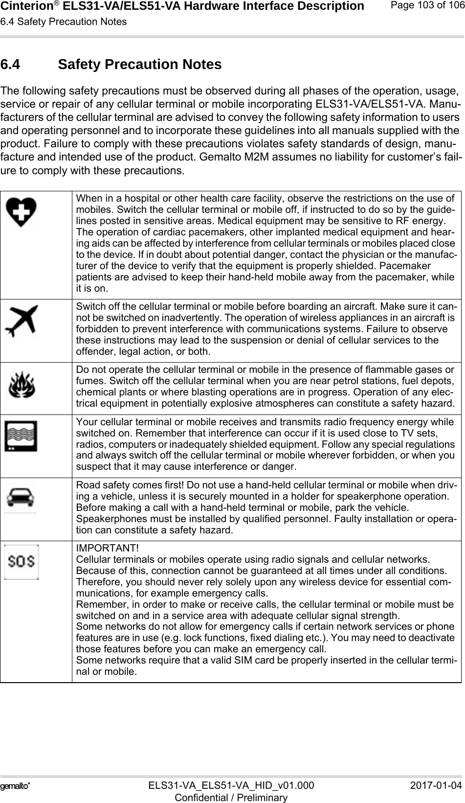 Cinterion® ELS31-VA/ELS51-VA Hardware Interface Description6.4 Safety Precaution Notes103ELS31-VA_ELS51-VA_HID_v01.000 2017-01-04Confidential / PreliminaryPage 103 of 1066.4 Safety Precaution NotesThe following safety precautions must be observed during all phases of the operation, usage, service or repair of any cellular terminal or mobile incorporating ELS31-VA/ELS51-VA. Manu-facturers of the cellular terminal are advised to convey the following safety information to users and operating personnel and to incorporate these guidelines into all manuals supplied with the product. Failure to comply with these precautions violates safety standards of design, manu-facture and intended use of the product. Gemalto M2M assumes no liability for customer’s fail-ure to comply with these precautions.When in a hospital or other health care facility, observe the restrictions on the use of mobiles. Switch the cellular terminal or mobile off, if instructed to do so by the guide-lines posted in sensitive areas. Medical equipment may be sensitive to RF energy. The operation of cardiac pacemakers, other implanted medical equipment and hear-ing aids can be affected by interference from cellular terminals or mobiles placed close to the device. If in doubt about potential danger, contact the physician or the manufac-turer of the device to verify that the equipment is properly shielded. Pacemaker patients are advised to keep their hand-held mobile away from the pacemaker, while it is on. Switch off the cellular terminal or mobile before boarding an aircraft. Make sure it can-not be switched on inadvertently. The operation of wireless appliances in an aircraft is forbidden to prevent interference with communications systems. Failure to observe these instructions may lead to the suspension or denial of cellular services to the offender, legal action, or both.Do not operate the cellular terminal or mobile in the presence of flammable gases or fumes. Switch off the cellular terminal when you are near petrol stations, fuel depots, chemical plants or where blasting operations are in progress. Operation of any elec-trical equipment in potentially explosive atmospheres can constitute a safety hazard.Your cellular terminal or mobile receives and transmits radio frequency energy while switched on. Remember that interference can occur if it is used close to TV sets, radios, computers or inadequately shielded equipment. Follow any special regulations and always switch off the cellular terminal or mobile wherever forbidden, or when you suspect that it may cause interference or danger.Road safety comes first! Do not use a hand-held cellular terminal or mobile when driv-ing a vehicle, unless it is securely mounted in a holder for speakerphone operation. Before making a call with a hand-held terminal or mobile, park the vehicle. Speakerphones must be installed by qualified personnel. Faulty installation or opera-tion can constitute a safety hazard.IMPORTANT!Cellular terminals or mobiles operate using radio signals and cellular networks. Because of this, connection cannot be guaranteed at all times under all conditions. Therefore, you should never rely solely upon any wireless device for essential com-munications, for example emergency calls. Remember, in order to make or receive calls, the cellular terminal or mobile must be switched on and in a service area with adequate cellular signal strength. Some networks do not allow for emergency calls if certain network services or phone features are in use (e.g. lock functions, fixed dialing etc.). You may need to deactivate those features before you can make an emergency call.Some networks require that a valid SIM card be properly inserted in the cellular termi-nal or mobile.