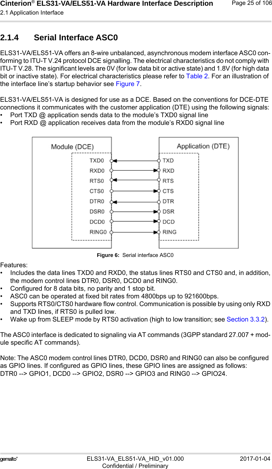 Cinterion® ELS31-VA/ELS51-VA Hardware Interface Description2.1 Application Interface56ELS31-VA_ELS51-VA_HID_v01.000 2017-01-04Confidential / PreliminaryPage 25 of 1062.1.4 Serial Interface ASC0ELS31-VA/ELS51-VA offers an 8-wire unbalanced, asynchronous modem interface ASC0 con-forming to ITU-T V.24 protocol DCE signalling. The electrical characteristics do not comply with ITU-T V.28. The significant levels are 0V (for low data bit or active state) and 1.8V (for high data bit or inactive state). For electrical characteristics please refer to Table 2. For an illustration of the interface line’s startup behavior see Figure 7.ELS31-VA/ELS51-VA is designed for use as a DCE. Based on the conventions for DCE-DTE connections it communicates with the customer application (DTE) using the following signals:• Port TXD @ application sends data to the module’s TXD0 signal line• Port RXD @ application receives data from the module’s RXD0 signal lineFigure 6:  Serial interface ASC0Features:• Includes the data lines TXD0 and RXD0, the status lines RTS0 and CTS0 and, in addition,the modem control lines DTR0, DSR0, DCD0 and RING0.• Configured for 8 data bits, no parity and 1 stop bit. • ASC0 can be operated at fixed bit rates from 4800bps up to 921600bps.• Supports RTS0/CTS0 hardware flow control. Communication is possible by using only RXDand TXD lines, if RTS0 is pulled low. • Wake up from SLEEP mode by RTS0 activation (high to low transition; see Section 3.3.2). The ASC0 interface is dedicated to signaling via AT commands (3GPP standard 27.007 + mod-ule specific AT commands).Note: The ASC0 modem control lines DTR0, DCD0, DSR0 and RING0 can also be configured as GPIO lines. If configured as GPIO lines, these GPIO lines are assigned as follows: DTR0 --&gt; GPIO1, DCD0 --&gt; GPIO2, DSR0 --&gt; GPIO3 and RING0 --&gt; GPIO24. 