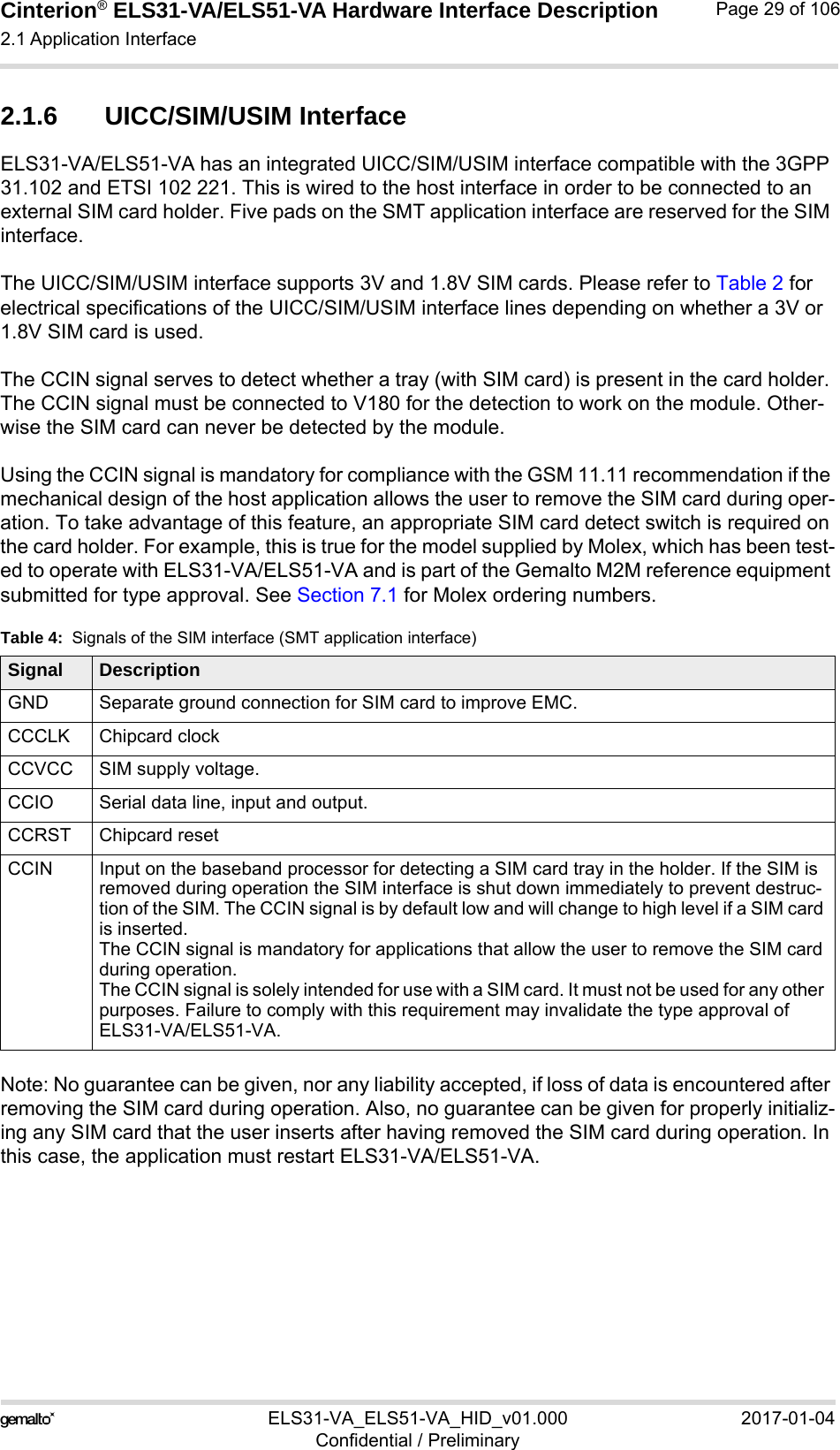 Cinterion® ELS31-VA/ELS51-VA Hardware Interface Description2.1 Application Interface56ELS31-VA_ELS51-VA_HID_v01.000 2017-01-04Confidential / PreliminaryPage 29 of 1062.1.6 UICC/SIM/USIM InterfaceELS31-VA/ELS51-VA has an integrated UICC/SIM/USIM interface compatible with the 3GPP 31.102 and ETSI 102 221. This is wired to the host interface in order to be connected to an external SIM card holder. Five pads on the SMT application interface are reserved for the SIM interface. The UICC/SIM/USIM interface supports 3V and 1.8V SIM cards. Please refer to Table 2 for electrical specifications of the UICC/SIM/USIM interface lines depending on whether a 3V or 1.8V SIM card is used.The CCIN signal serves to detect whether a tray (with SIM card) is present in the card holder. The CCIN signal must be connected to V180 for the detection to work on the module. Other-wise the SIM card can never be detected by the module.Using the CCIN signal is mandatory for compliance with the GSM 11.11 recommendation if the mechanical design of the host application allows the user to remove the SIM card during oper-ation. To take advantage of this feature, an appropriate SIM card detect switch is required on the card holder. For example, this is true for the model supplied by Molex, which has been test-ed to operate with ELS31-VA/ELS51-VA and is part of the Gemalto M2M reference equipment submitted for type approval. See Section 7.1 for Molex ordering numbers.Note: No guarantee can be given, nor any liability accepted, if loss of data is encountered after removing the SIM card during operation. Also, no guarantee can be given for properly initializ-ing any SIM card that the user inserts after having removed the SIM card during operation. In this case, the application must restart ELS31-VA/ELS51-VA.Table 4:  Signals of the SIM interface (SMT application interface)Signal DescriptionGND Separate ground connection for SIM card to improve EMC.CCCLK Chipcard clockCCVCC SIM supply voltage.CCIO Serial data line, input and output.CCRST Chipcard resetCCIN Input on the baseband processor for detecting a SIM card tray in the holder. If the SIM is removed during operation the SIM interface is shut down immediately to prevent destruc-tion of the SIM. The CCIN signal is by default low and will change to high level if a SIM card is inserted.The CCIN signal is mandatory for applications that allow the user to remove the SIM card during operation. The CCIN signal is solely intended for use with a SIM card. It must not be used for any other purposes. Failure to comply with this requirement may invalidate the type approval of ELS31-VA/ELS51-VA.