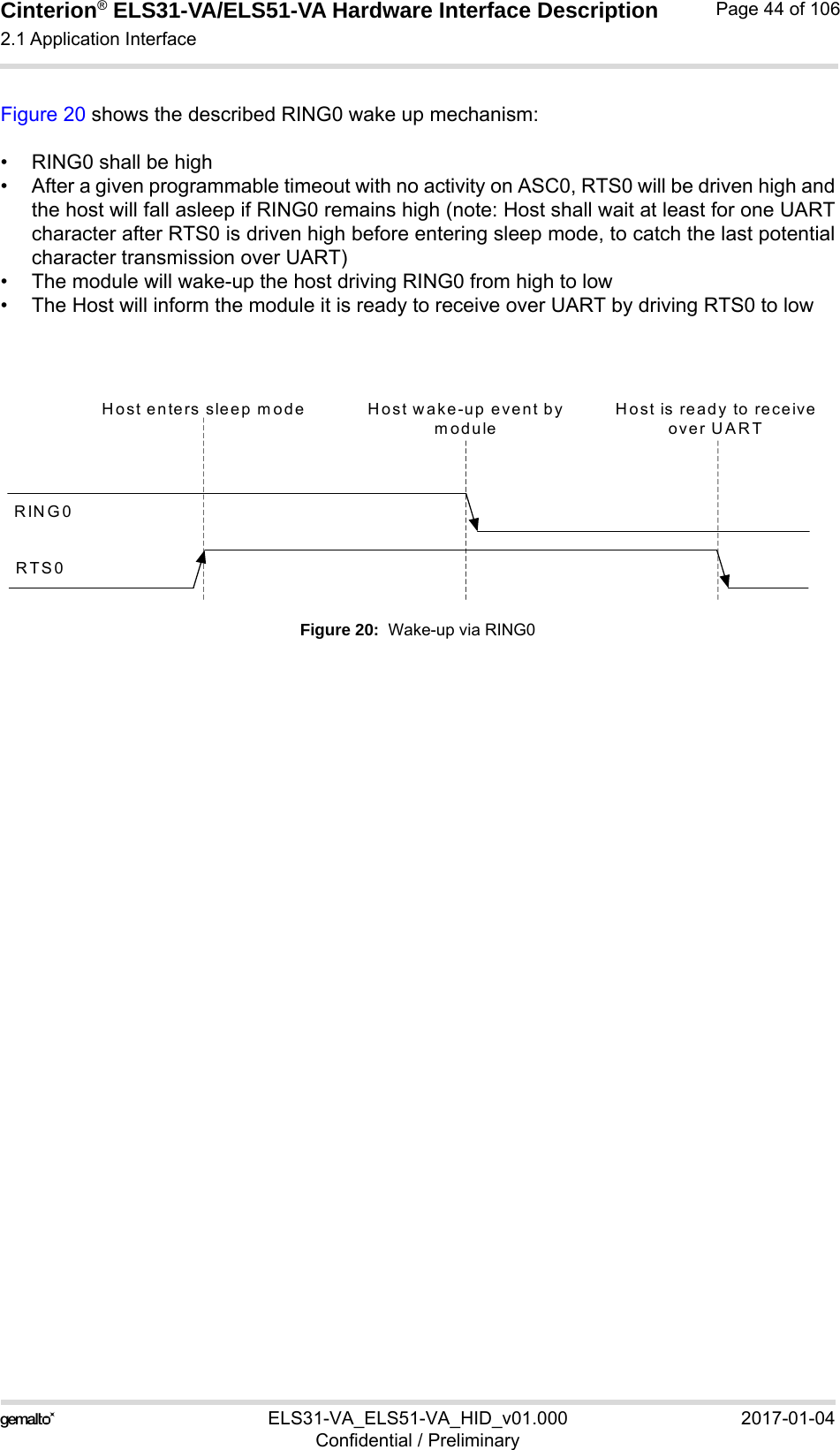 Cinterion® ELS31-VA/ELS51-VA Hardware Interface Description2.1 Application Interface56ELS31-VA_ELS51-VA_HID_v01.000 2017-01-04Confidential / PreliminaryPage 44 of 106Figure 20 shows the described RING0 wake up mechanism:• RING0 shall be high• After a given programmable timeout with no activity on ASC0, RTS0 will be driven high andthe host will fall asleep if RING0 remains high (note: Host shall wait at least for one UARTcharacter after RTS0 is driven high before entering sleep mode, to catch the last potentialcharacter transmission over UART)• The module will wake-up the host driving RING0 from high to low• The Host will inform the module it is ready to receive over UART by driving RTS0 to lowFigure 20:  Wake-up via RING0RING0Host wake-up event by moduleHost is ready to receive over UARTRTS0Host enters sleep mode