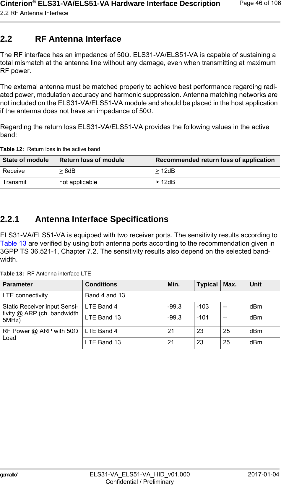 Cinterion® ELS31-VA/ELS51-VA Hardware Interface Description2.2 RF Antenna Interface56ELS31-VA_ELS51-VA_HID_v01.000 2017-01-04Confidential / PreliminaryPage 46 of 1062.2 RF Antenna InterfaceThe RF interface has an impedance of 50Ω. ELS31-VA/ELS51-VA is capable of sustaining a total mismatch at the antenna line without any damage, even when transmitting at maximum RF power.The external antenna must be matched properly to achieve best performance regarding radi-ated power, modulation accuracy and harmonic suppression. Antenna matching networks are not included on the ELS31-VA/ELS51-VA module and should be placed in the host application if the antenna does not have an impedance of 50Ω.Regarding the return loss ELS31-VA/ELS51-VA provides the following values in the active band:2.2.1 Antenna Interface SpecificationsELS31-VA/ELS51-VA is equipped with two receiver ports. The sensitivity results according to Table 13 are verified by using both antenna ports according to the recommendation given in 3GPP TS 36.521-1, Chapter 7.2. The sensitivity results also depend on the selected band-width.Table 12:  Return loss in the active bandState of module Return loss of module Recommended return loss of applicationReceive &gt; 8dB &gt; 12dBTransmit not applicable  &gt; 12dBTable 13:  RF Antenna interface LTEParameter Conditions Min. Typical Max. UnitLTE connectivity Band 4 and 13Static Receiver input Sensi-tivity @ ARP (ch. bandwidth 5MHz)LTE Band 4 -99.3 -103 -- dBmLTE Band 13 -99.3 -101 -- dBmRF Power @ ARP with 50 Load LTE Band 4 21 23 25 dBmLTE Band 13 21 23 25 dBm