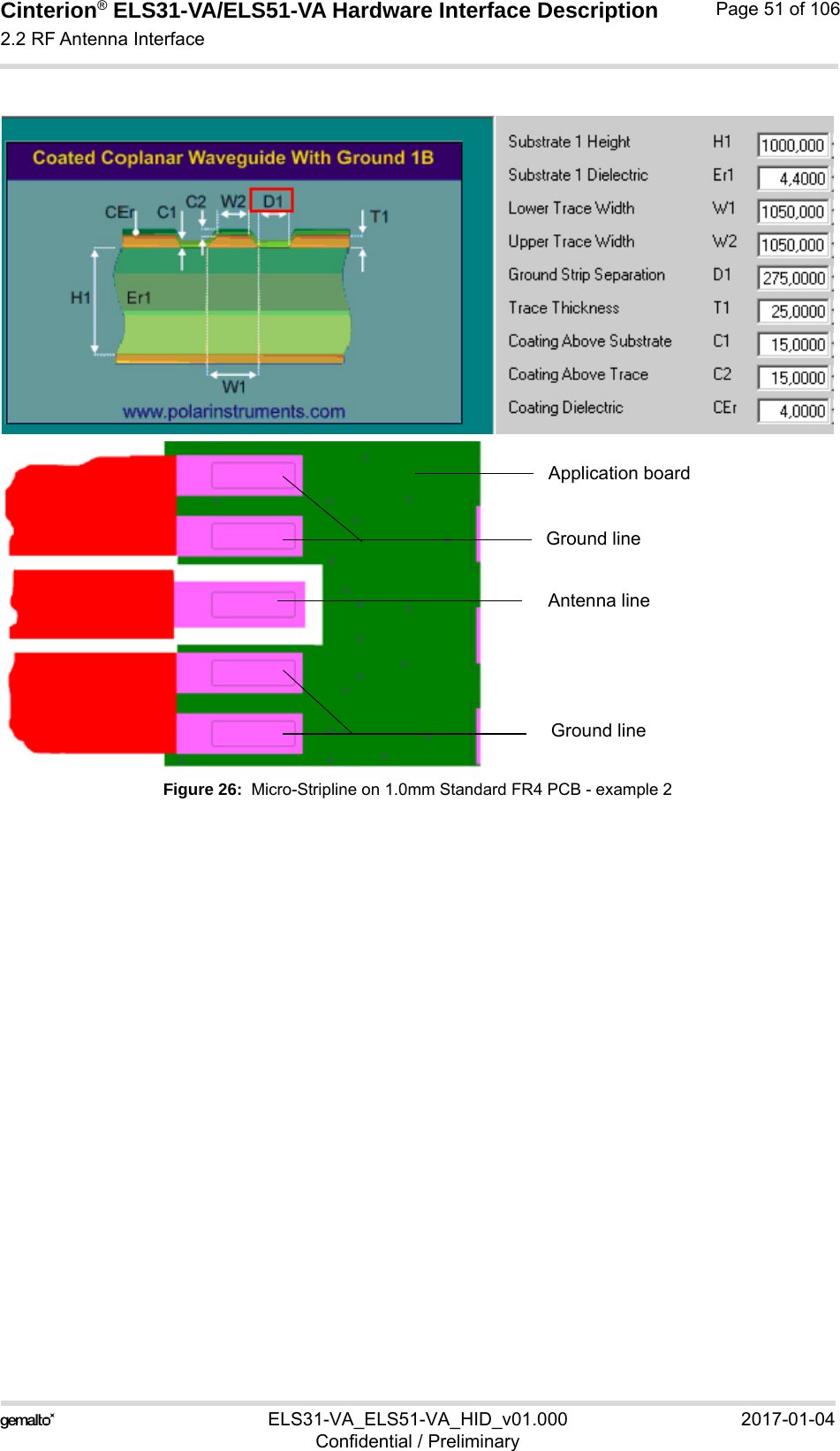 Cinterion® ELS31-VA/ELS51-VA Hardware Interface Description2.2 RF Antenna Interface56ELS31-VA_ELS51-VA_HID_v01.000 2017-01-04Confidential / PreliminaryPage 51 of 106Figure 26:  Micro-Stripline on 1.0mm Standard FR4 PCB - example 2Antenna lineGround lineGround lineApplication board