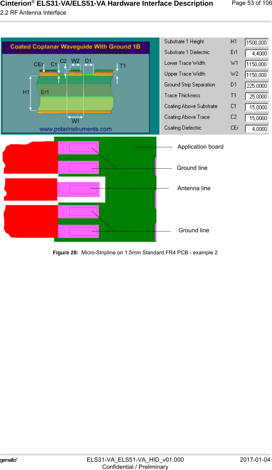 Cinterion® ELS31-VA/ELS51-VA Hardware Interface Description2.2 RF Antenna Interface56ELS31-VA_ELS51-VA_HID_v01.000 2017-01-04Confidential / PreliminaryPage 53 of 106Figure 28:  Micro-Stripline on 1.5mm Standard FR4 PCB - example 2Antenna lineGround lineGround lineApplication board