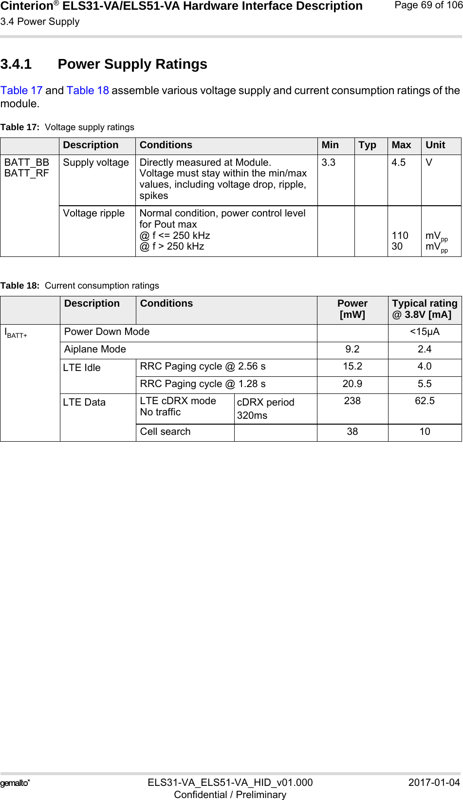 Cinterion® ELS31-VA/ELS51-VA Hardware Interface Description3.4 Power Supply76ELS31-VA_ELS51-VA_HID_v01.000 2017-01-04Confidential / PreliminaryPage 69 of 1063.4.1 Power Supply RatingsTable 17 and Table 18 assemble various voltage supply and current consumption ratings of themodule.Table 17:  Voltage supply ratingsDescription Conditions Min Typ Max UnitBATT_BBBATT_RFSupply voltage  Directly measured at Module.Voltage must stay within the min/max values, including voltage drop, ripple, spikes3.3 4.5 VVoltage ripple Normal condition, power control level for Pout max@ f &lt;= 250 kHz@ f &gt; 250 kHz11030mVppmVppTable 18:  Current consumption ratingsDescription Conditions Power [mW] Typical rating@ 3.8V [mA]IBATT+ Power Down Mode &lt;15µAAiplane Mode 9.2 2.4LTE Idle RRC Paging cycle @ 2.56 s 15.2 4.0RRC Paging cycle @ 1.28 s 20.9 5.5LTE Data LTE cDRX modeNo trafficcDRX period 320ms238 62.5Cell search 38 10