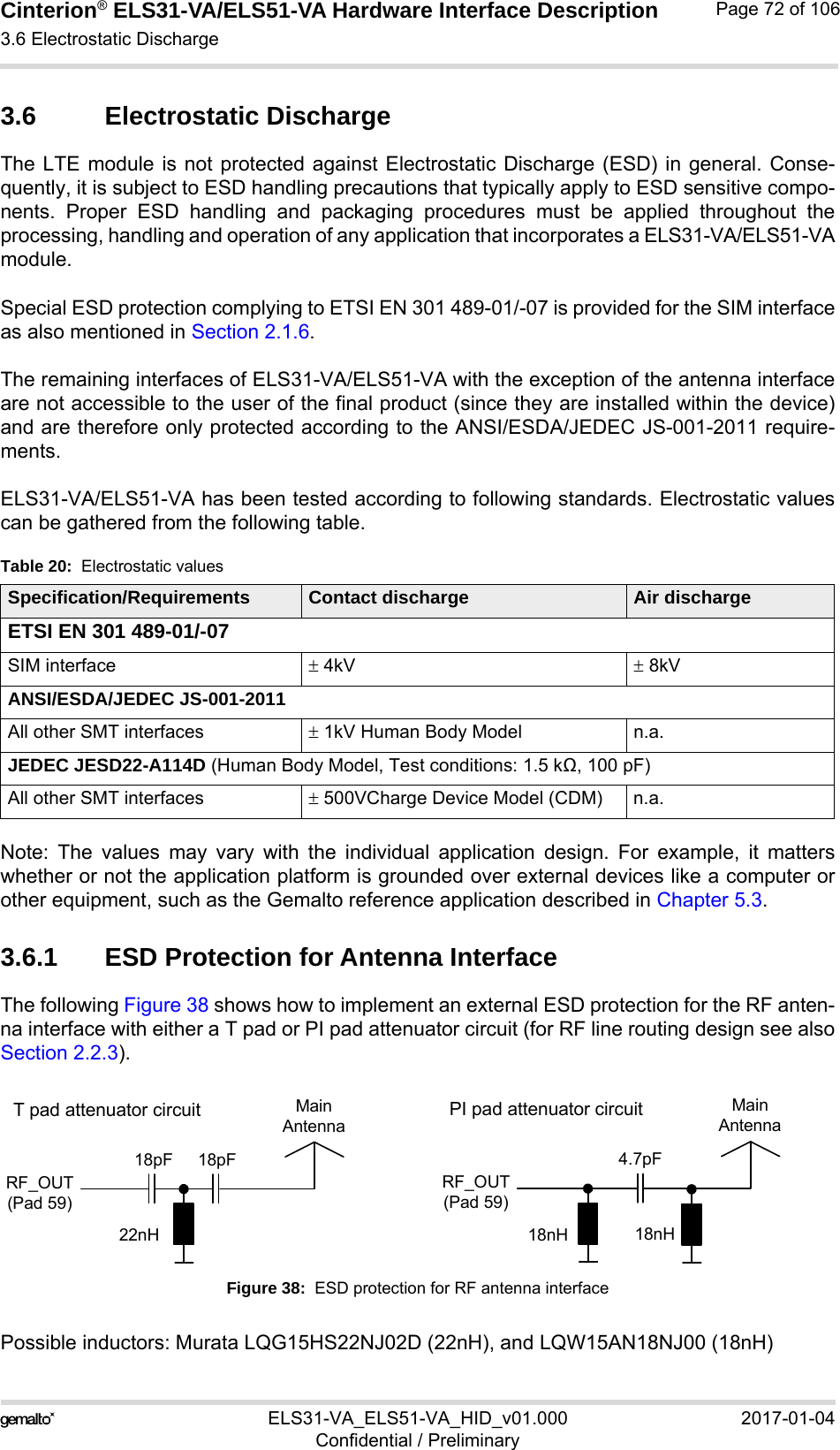 Cinterion® ELS31-VA/ELS51-VA Hardware Interface Description3.6 Electrostatic Discharge76ELS31-VA_ELS51-VA_HID_v01.000 2017-01-04Confidential / PreliminaryPage 72 of 1063.6 Electrostatic DischargeThe LTE module is not protected against Electrostatic Discharge (ESD) in general. Conse-quently, it is subject to ESD handling precautions that typically apply to ESD sensitive compo-nents. Proper ESD handling and packaging procedures must be applied throughout theprocessing, handling and operation of any application that incorporates a ELS31-VA/ELS51-VAmodule.Special ESD protection complying to ETSI EN 301 489-01/-07 is provided for the SIM interfaceas also mentioned in Section 2.1.6.The remaining interfaces of ELS31-VA/ELS51-VA with the exception of the antenna interfaceare not accessible to the user of the final product (since they are installed within the device)and are therefore only protected according to the ANSI/ESDA/JEDEC JS-001-2011 require-ments.ELS31-VA/ELS51-VA has been tested according to following standards. Electrostatic valuescan be gathered from the following table.Note: The values may vary with the individual application design. For example, it matterswhether or not the application platform is grounded over external devices like a computer orother equipment, such as the Gemalto reference application described in Chapter 5.3.3.6.1 ESD Protection for Antenna InterfaceThe following Figure 38 shows how to implement an external ESD protection for the RF anten-na interface with either a T pad or PI pad attenuator circuit (for RF line routing design see alsoSection 2.2.3).Figure 38:  ESD protection for RF antenna interfacePossible inductors: Murata LQG15HS22NJ02D (22nH), and LQW15AN18NJ00 (18nH)Table 20:  Electrostatic valuesSpecification/Requirements Contact discharge Air dischargeETSI EN 301 489-01/-07SIM interface  4kV   8kVANSI/ESDA/JEDEC JS-001-2011All other SMT interfaces  1kV Human Body Model n.a.JEDEC JESD22-A114D (Human Body Model, Test conditions: 1.5 kΩ, 100 pF)All other SMT interfaces  500VCharge Device Model (CDM) n.a.Main Antenna18pF22nHRF_OUT(Pad 59)18pFT pad attenuator circuitMain Antenna18nHRF_OUT(Pad 59)4.7pFPI pad attenuator circuit18nH