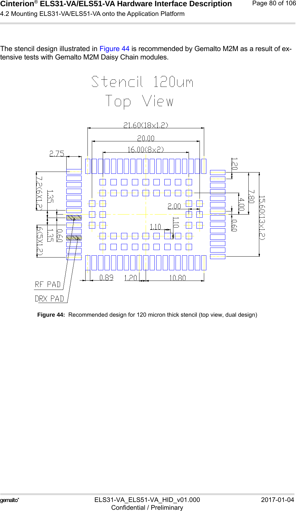 Cinterion® ELS31-VA/ELS51-VA Hardware Interface Description4.2 Mounting ELS31-VA/ELS51-VA onto the Application Platform92ELS31-VA_ELS51-VA_HID_v01.000 2017-01-04Confidential / PreliminaryPage 80 of 106The stencil design illustrated in Figure 44 is recommended by Gemalto M2M as a result of ex-tensive tests with Gemalto M2M Daisy Chain modules. Figure 44:  Recommended design for 120 micron thick stencil (top view, dual design)
