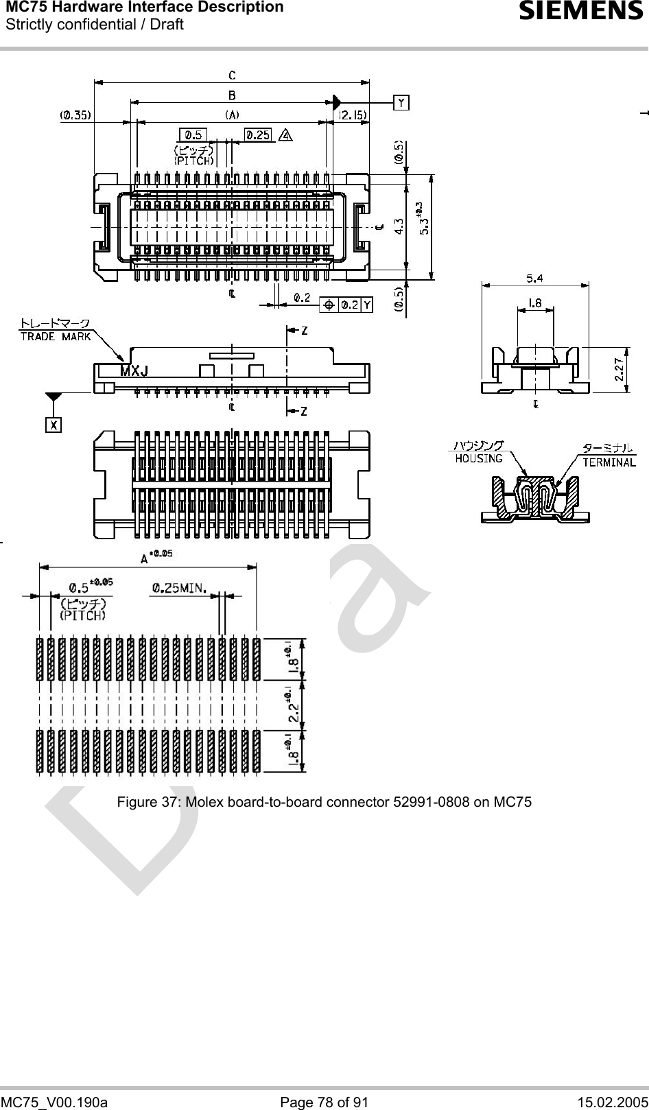MC75 Hardware Interface Description Strictly confidential / Draft  s MC75_V00.190a  Page 78 of 91  15.02.2005   Figure 37: Molex board-to-board connector 52991-0808 on MC75    