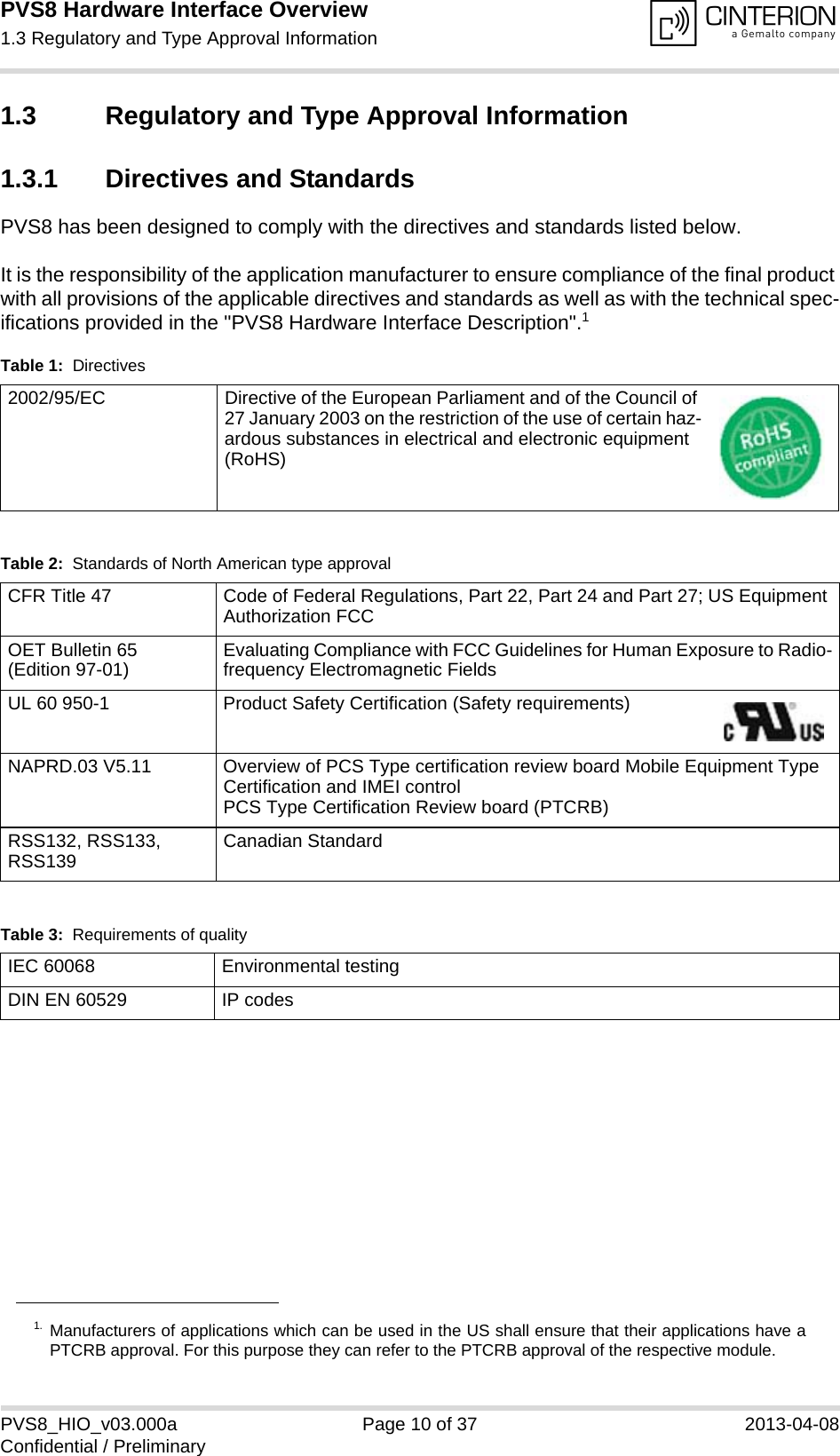 PVS8 Hardware Interface Overview1.3 Regulatory and Type Approval Information14PVS8_HIO_v03.000a Page 10 of 37 2013-04-08Confidential / Preliminary1.3 Regulatory and Type Approval Information1.3.1 Directives and StandardsPVS8 has been designed to comply with the directives and standards listed below.It is the responsibility of the application manufacturer to ensure compliance of the final product with all provisions of the applicable directives and standards as well as with the technical spec-ifications provided in the &quot;PVS8 Hardware Interface Description&quot;.11. Manufacturers of applications which can be used in the US shall ensure that their applications have aPTCRB approval. For this purpose they can refer to the PTCRB approval of the respective module. Table 1:  Directives2002/95/EC  Directive of the European Parliament and of the Council of 27 January 2003 on the restriction of the use of certain haz-ardous substances in electrical and electronic equipment (RoHS)Table 2:  Standards of North American type approvalCFR Title 47 Code of Federal Regulations, Part 22, Part 24 and Part 27; US Equipment Authorization FCCOET Bulletin 65(Edition 97-01) Evaluating Compliance with FCC Guidelines for Human Exposure to Radio-frequency Electromagnetic FieldsUL 60 950-1 Product Safety Certification (Safety requirements) NAPRD.03 V5.11 Overview of PCS Type certification review board Mobile Equipment Type Certification and IMEI controlPCS Type Certification Review board (PTCRB)RSS132, RSS133, RSS139 Canadian StandardTable 3:  Requirements of qualityIEC 60068 Environmental testingDIN EN 60529 IP codes