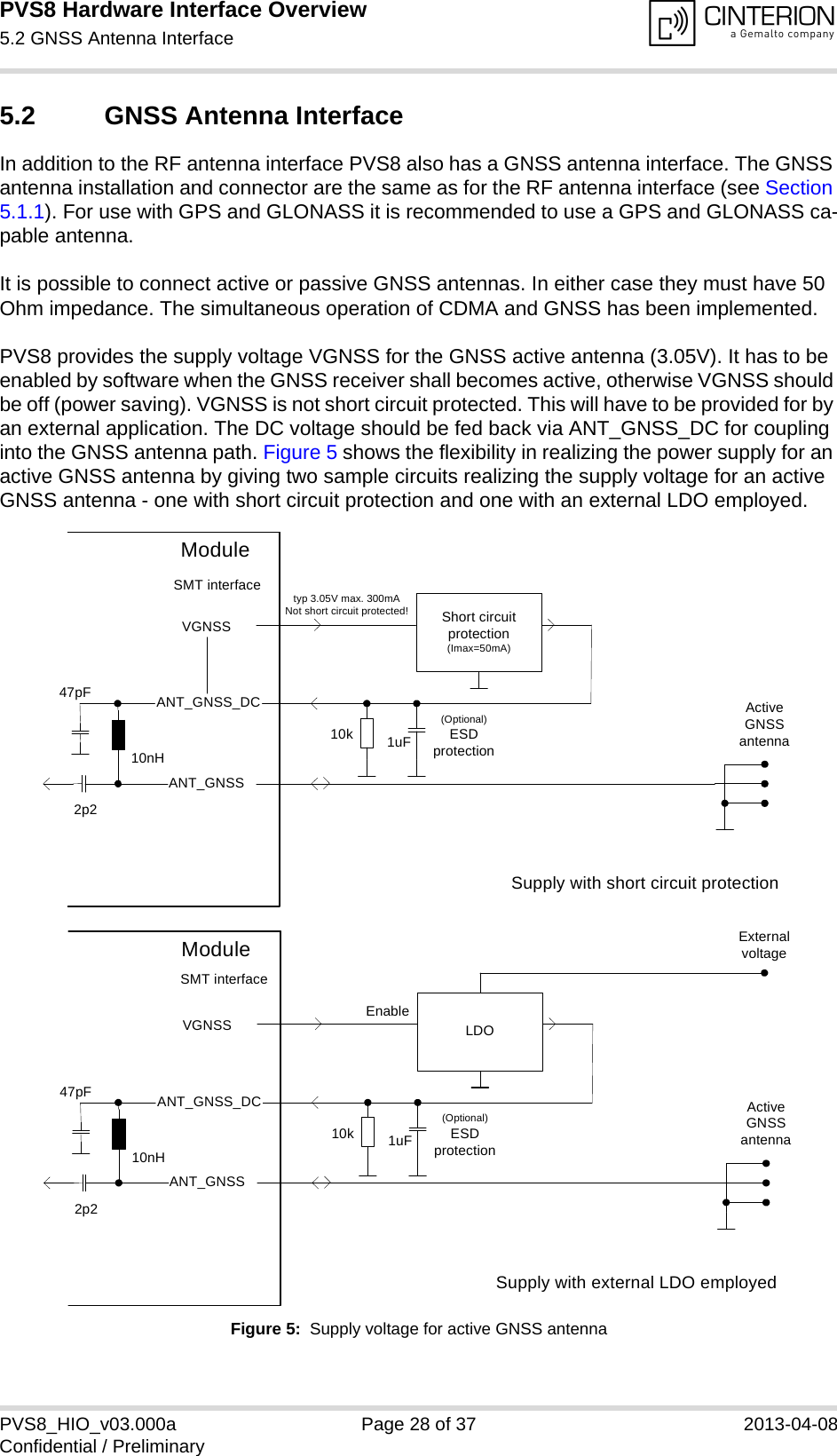 PVS8 Hardware Interface Overview5.2 GNSS Antenna Interface29PVS8_HIO_v03.000a Page 28 of 37 2013-04-08Confidential / Preliminary5.2 GNSS Antenna InterfaceIn addition to the RF antenna interface PVS8 also has a GNSS antenna interface. The GNSS antenna installation and connector are the same as for the RF antenna interface (see Section 5.1.1). For use with GPS and GLONASS it is recommended to use a GPS and GLONASS ca-pable antenna.It is possible to connect active or passive GNSS antennas. In either case they must have 50 Ohm impedance. The simultaneous operation of CDMA and GNSS has been implemented. PVS8 provides the supply voltage VGNSS for the GNSS active antenna (3.05V). It has to be enabled by software when the GNSS receiver shall becomes active, otherwise VGNSS should be off (power saving). VGNSS is not short circuit protected. This will have to be provided for by an external application. The DC voltage should be fed back via ANT_GNSS_DC for coupling into the GNSS antenna path. Figure 5 shows the flexibility in realizing the power supply for an active GNSS antenna by giving two sample circuits realizing the supply voltage for an active GNSS antenna - one with short circuit protection and one with an external LDO employed.Figure 5:  Supply voltage for active GNSS antennaShort circuit protection(Imax=50mA)VGNSSANT_GNSSActive GNSS antenna10nH47pF2p2ModuleSMT interfaceANT_GNSS_DCtyp 3.05V max. 300mANot short circuit protected!1uF(Optional)ESDprotection10kSupply with short circuit protectionLDOVGNSSANT_GNSSActive GNSS antenna10nH47pF2p2ModuleSMT interfaceANT_GNSS_DC1uF(Optional)ESDprotection10kEnableExternal voltageSupply with external LDO employed