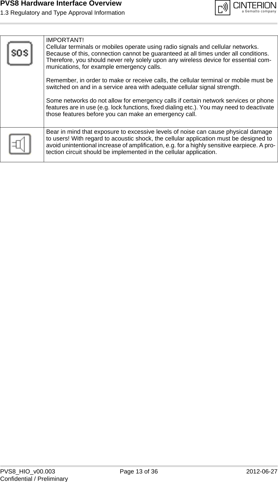 PVS8 Hardware Interface Overview1.3 Regulatory and Type Approval Information13PVS8_HIO_v00.003 Page 13 of 36 2012-06-27Confidential / PreliminaryIMPORTANT!Cellular terminals or mobiles operate using radio signals and cellular networks. Because of this, connection cannot be guaranteed at all times under all conditions. Therefore, you should never rely solely upon any wireless device for essential com-munications, for example emergency calls. Remember, in order to make or receive calls, the cellular terminal or mobile must be switched on and in a service area with adequate cellular signal strength.Some networks do not allow for emergency calls if certain network services or phone features are in use (e.g. lock functions, fixed dialing etc.). You may need to deactivate those features before you can make an emergency call.Bear in mind that exposure to excessive levels of noise can cause physical damage to users! With regard to acoustic shock, the cellular application must be designed to avoid unintentional increase of amplification, e.g. for a highly sensitive earpiece. A pro-tection circuit should be implemented in the cellular application.