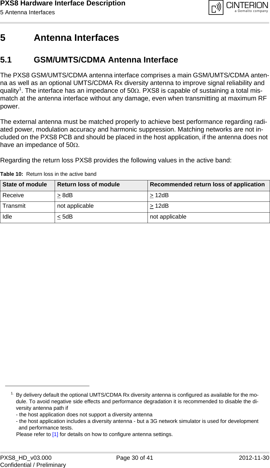 PXS8 Hardware Interface Description5 Antenna Interfaces33PXS8_HD_v03.000 Page 30 of 41 2012-11-30Confidential / Preliminary5 Antenna Interfaces5.1 GSM/UMTS/CDMA Antenna InterfaceThe PXS8 GSM/UMTS/CDMA antenna interface comprises a main GSM/UMTS/CDMA anten-na as well as an optional UMTS/CDMA Rx diversity antenna to improve signal reliability and quality1. The interface has an impedance of 50. PXS8 is capable of sustaining a total mis-match at the antenna interface without any damage, even when transmitting at maximum RF power.The external antenna must be matched properly to achieve best performance regarding radi-ated power, modulation accuracy and harmonic suppression. Matching networks are not in-cluded on the PXS8 PCB and should be placed in the host application, if the antenna does not have an impedance of 50.Regarding the return loss PXS8 provides the following values in the active band:1. By delivery default the optional UMTS/CDMA Rx diversity antenna is configured as available for the mo-dule. To avoid negative side effects and performance degradation it is recommended to disable the di-versity antenna path if - the host application does not support a diversity antenna- the host application includes a diversity antenna - but a 3G network simulator is used for developmentand performance tests.Please refer to [1] for details on how to configure antenna settings. Table 10:  Return loss in the active bandState of module Return loss of module Recommended return loss of applicationReceive &gt; 8dB &gt; 12dBTransmit not applicable  &gt; 12dBIdle &lt; 5dB not applicable