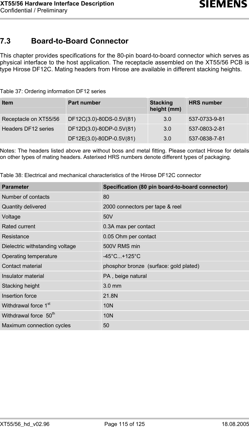 XT55/56 Hardware Interface Description Confidential / Preliminary s XT55/56_hd_v02.96  Page 115 of 125  18.08.2005 7.3 Board-to-Board Connector This chapter provides specifications for the 80-pin board-to-board connector which serves as physical interface to the host application. The receptacle assembled on the XT55/56 PCB is type Hirose DF12C. Mating headers from Hirose are available in different stacking heights.     Table 37: Ordering information DF12 series Item  Part number   Stacking  height (mm) HRS number Receptacle on XT55/56  DF12C(3.0)-80DS-0.5V(81)  3.0  537-0733-9-81 Headers DF12 series  DF12D(3.0)-80DP-0.5V(81) DF12E(3.0)-80DP-0.5V(81) 3.0 3.0 537-0803-2-81 537-0838-7-81  Notes: The headers listed above are without boss and metal fitting. Please contact Hirose for details on other types of mating headers. Asterixed HRS numbers denote different types of packaging.   Table 38: Electrical and mechanical characteristics of the Hirose DF12C connector Parameter  Specification (80 pin board-to-board connector) Number of contacts  80 Quantity delivered  2000 connectors per tape &amp; reel Voltage  50V Rated current  0.3A max per contact Resistance  0.05 Ohm per contact Dielectric withstanding voltage  500V RMS min Operating temperature  -45°C...+125°C Contact material  phosphor bronze  (surface: gold plated) Insulator material  PA , beige natural Stacking height  3.0 mm  Insertion force  21.8N Withdrawal force 1st 10N Withdrawal force  50th 10N Maximum connection cycles  50  