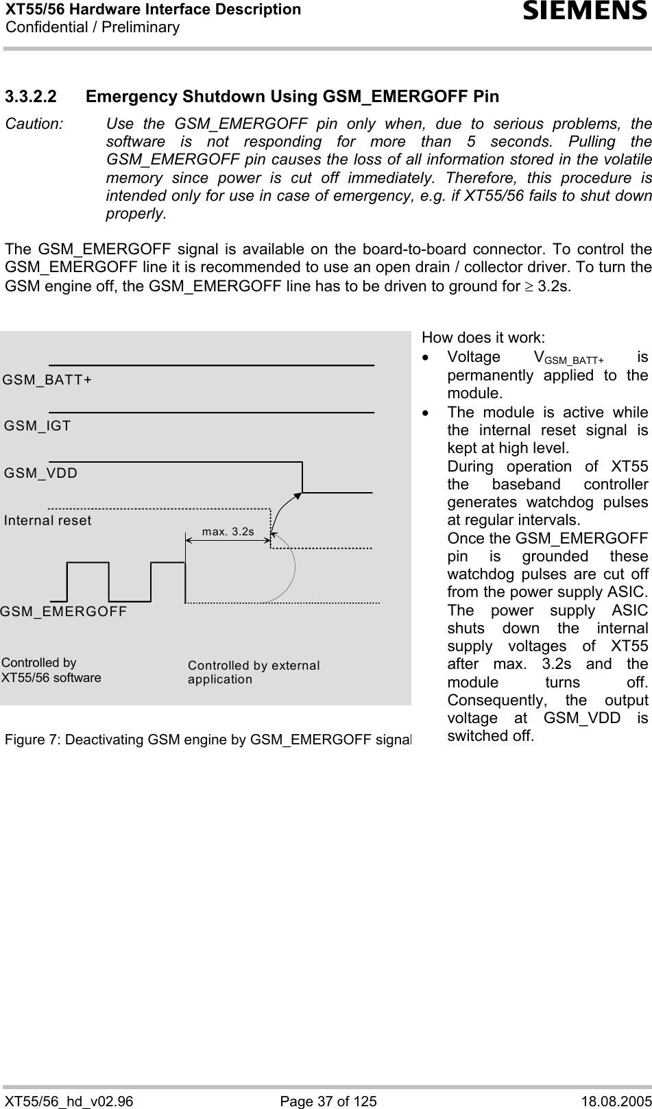 XT55/56 Hardware Interface Description Confidential / Preliminary s XT55/56_hd_v02.96  Page 37 of 125  18.08.2005 3.3.2.2 Emergency Shutdown Using GSM_EMERGOFF Pin Caution:   Use the GSM_EMERGOFF pin only when, due to serious problems, the software is not responding for more than 5 seconds. Pulling the GSM_EMERGOFF pin causes the loss of all information stored in the volatile memory since power is cut off immediately. Therefore, this procedure is intended only for use in case of emergency, e.g. if XT55/56 fails to shut down properly.  The GSM_EMERGOFF signal is available on the board-to-board connector. To control the GSM_EMERGOFF line it is recommended to use an open drain / collector driver. To turn the GSM engine off, the GSM_EMERGOFF line has to be driven to ground for ≥ 3.2s.                  Figure 7: Deactivating GSM engine by GSM_EMERGOFF signal    GSM_BATT+ Internal reset GSM_EMERGOFF Controlled by external  application max. 3.2sGSM_IGT GSM_VDD How does it work: • Voltage  VGSM_BATT+ is permanently applied to the module. •  The module is active while the internal reset signal is kept at high level. During operation of XT55the baseband controller generates watchdog pulses at regular intervals. Once the GSM_EMERGOFF pin is grounded these watchdog pulses are cut off from the power supply ASIC. The power supply ASIC shuts down the internal supply voltages of XT55after max. 3.2s and the module turns off. Consequently, the output voltage at GSM_VDD is switched off. Controlled by XT55/56 software 