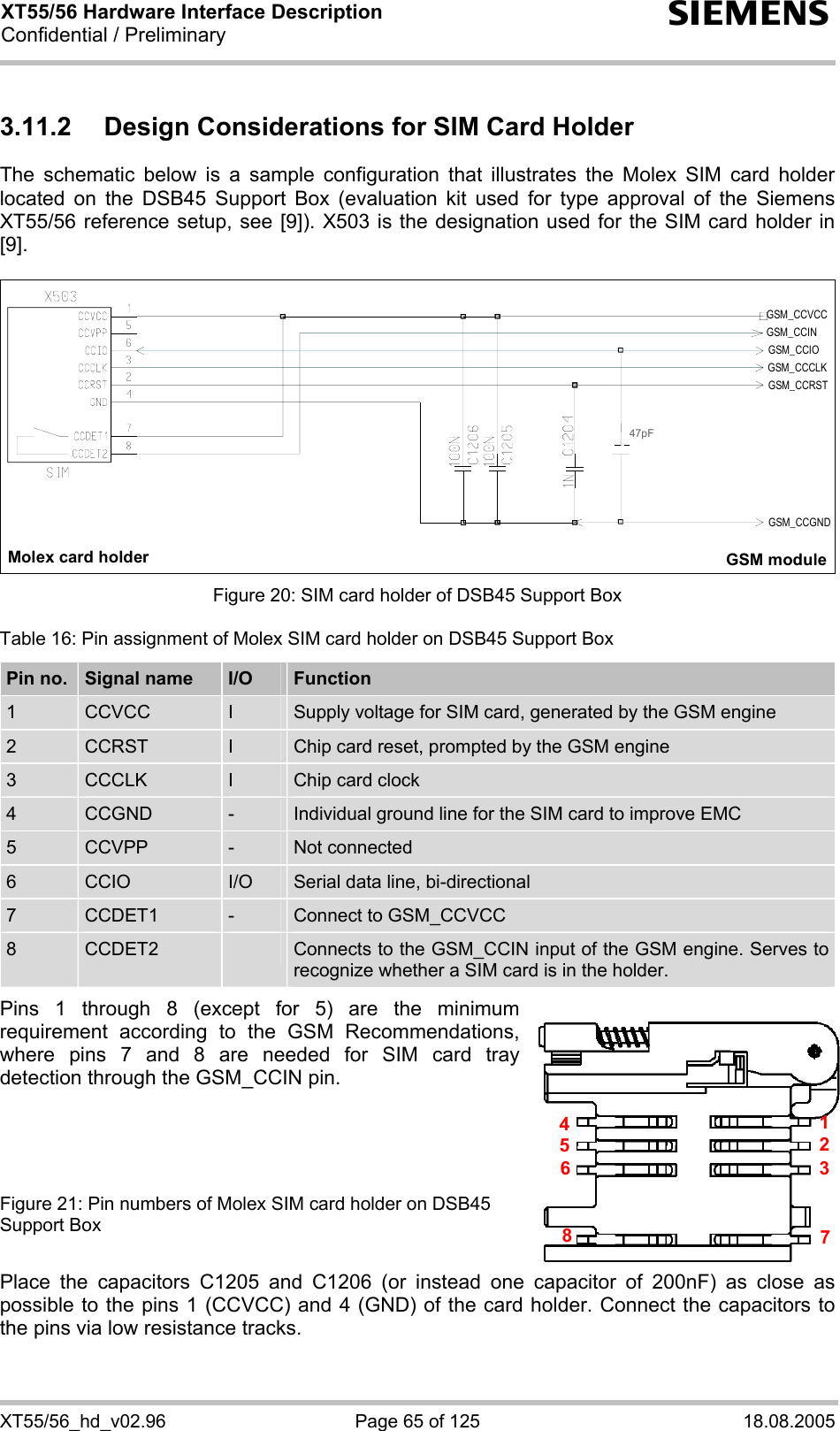 XT55/56 Hardware Interface Description Confidential / Preliminary s XT55/56_hd_v02.96  Page 65 of 125  18.08.2005 3.11.2  Design Considerations for SIM Card Holder The schematic below is a sample configuration that illustrates the Molex SIM card holder located on the DSB45 Support Box (evaluation kit used for type approval of the Siemens XT55/56 reference setup, see [9]). X503 is the designation used for the SIM card holder in [9].   Molex card holder GSM moduleGSM_CCVCCGSM_CCINGSM_CCIOGSM_CCCLKGSM_CCRSTGSM_CCGND47pF Figure 20: SIM card holder of DSB45 Support Box Table 16: Pin assignment of Molex SIM card holder on DSB45 Support Box Pin no.  Signal name  I/O  Function 1  CCVCC  I  Supply voltage for SIM card, generated by the GSM engine 2  CCRST  I  Chip card reset, prompted by the GSM engine 3  CCCLK  I  Chip card clock 4  CCGND  -  Individual ground line for the SIM card to improve EMC 5  CCVPP  -  Not connected 6  CCIO  I/O  Serial data line, bi-directional 7  CCDET1  -  Connect to GSM_CCVCC  8  CCDET2   Connects to the GSM_CCIN input of the GSM engine. Serves to recognize whether a SIM card is in the holder.   Pins 1 through 8 (except for 5) are the minimum requirement according to the GSM Recommendations, where pins 7 and 8 are needed for SIM card tray detection through the GSM_CCIN pin.      Figure 21: Pin numbers of Molex SIM card holder on DSB45 Support Box  Place the capacitors C1205 and C1206 (or instead one capacitor of 200nF) as close as possible to the pins 1 (CCVCC) and 4 (GND) of the card holder. Connect the capacitors to the pins via low resistance tracks.  45127836