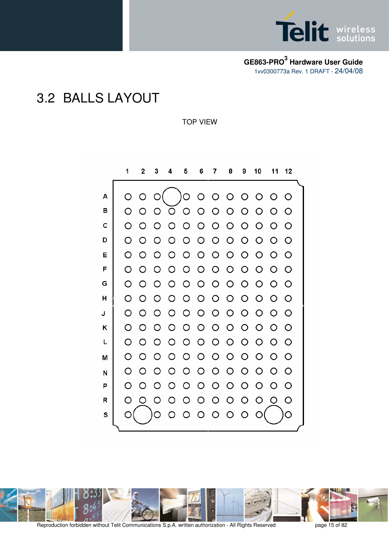     GE863-PRO3 Hardware User Guide  1vv0300773a Rev. 1 DRAFT - 24/04/08    Reproduction forbidden without Telit Communications S.p.A. written authorization - All Rights Reserved    page 15 of 82  3.2  BALLS LAYOUT  TOP VIEW     