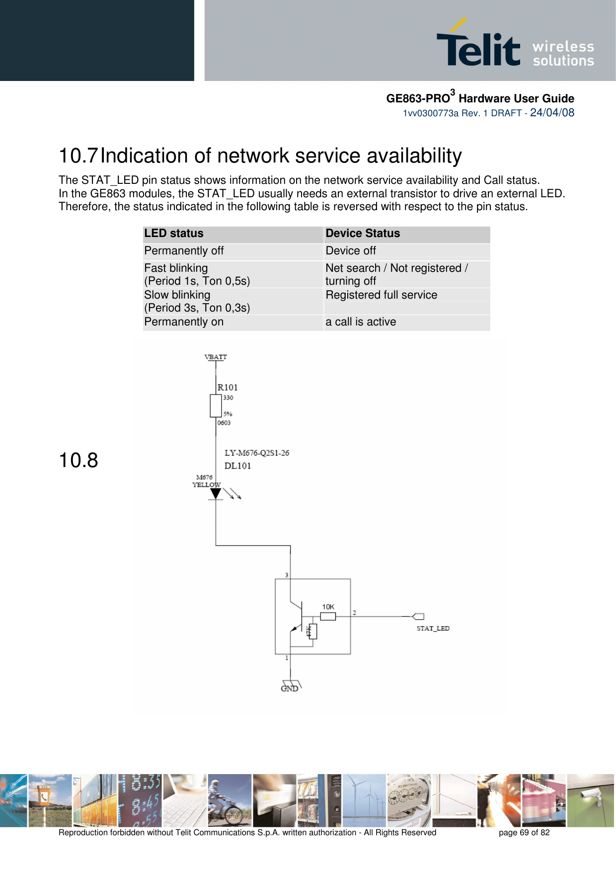     GE863-PRO3 Hardware User Guide  1vv0300773a Rev. 1 DRAFT - 24/04/08    Reproduction forbidden without Telit Communications S.p.A. written authorization - All Rights Reserved    page 69 of 82  10.7 Indication of network service availability The STAT_LED pin status shows information on the network service availability and Call status.  In the GE863 modules, the STAT_LED usually needs an external transistor to drive an external LED. Therefore, the status indicated in the following table is reversed with respect to the pin status.             LED status  Device Status Permanently off  Device off Fast blinking  (Period 1s, Ton 0,5s)  Net search / Not registered / turning off Slow blinking (Period 3s, Ton 0,3s)  Registered full service Permanently on  a call is active        10.8  
