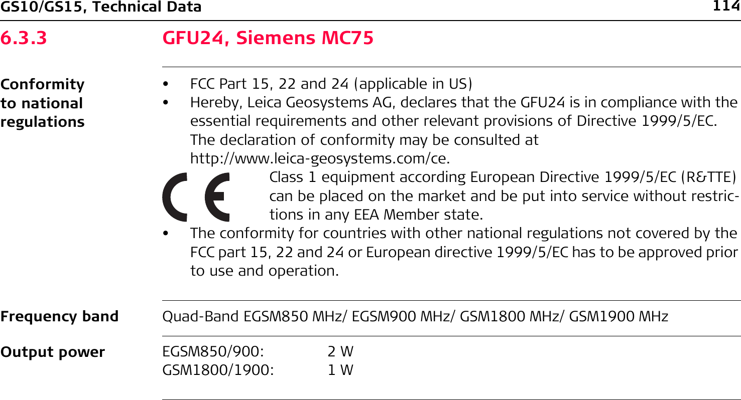 114GS10/GS15, Technical Data6.3.3 GFU24, Siemens MC75Conformity to national regulationsFrequency band Quad-Band EGSM850 MHz/ EGSM900 MHz/ GSM1800 MHz/ GSM1900 MHzOutput power• FCC Part 15, 22 and 24 (applicable in US)• Hereby, Leica Geosystems AG, declares that the GFU24 is in compliance with the essential requirements and other relevant provisions of Directive 1999/5/EC. The declaration of conformity may be consulted at http://www.leica-geosystems.com/ce.Class 1 equipment according European Directive 1999/5/EC (R&amp;TTE) can be placed on the market and be put into service without restric-tions in any EEA Member state.• The conformity for countries with other national regulations not covered by the FCC part 15, 22 and 24 or European directive 1999/5/EC has to be approved prior to use and operation.EGSM850/900: 2 W1WGSM1800/1900: