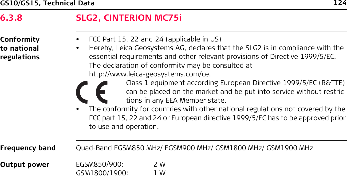 124GS10/GS15, Technical Data6.3.8 SLG2, CINTERION MC75iConformity to national regulationsFrequency band Quad-Band EGSM850 MHz/ EGSM900 MHz/ GSM1800 MHz/ GSM1900 MHzOutput power• FCC Part 15, 22 and 24 (applicable in US)• Hereby, Leica Geosystems AG, declares that the SLG2 is in compliance with the essential requirements and other relevant provisions of Directive 1999/5/EC. The declaration of conformity may be consulted at http://www.leica-geosystems.com/ce.Class 1 equipment according European Directive 1999/5/EC (R&amp;TTE) can be placed on the market and be put into service without restric-tions in any EEA Member state.• The conformity for countries with other national regulations not covered by the FCC part 15, 22 and 24 or European directive 1999/5/EC has to be approved prior to use and operation.EGSM850/900: 2 WGSM1800/1900: 1 W