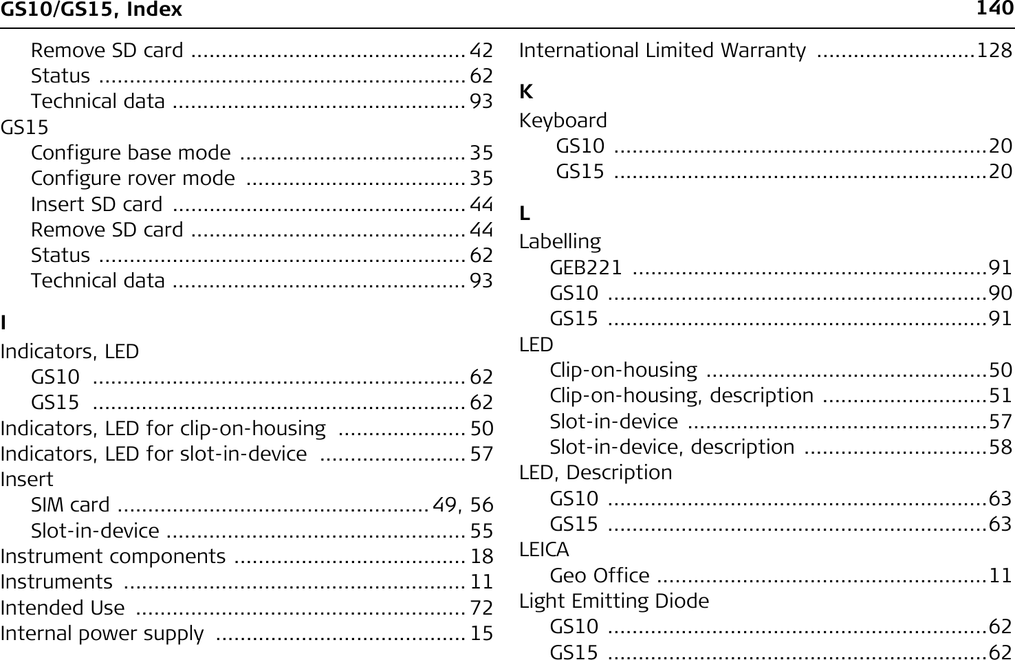 140GS10/GS15, IndexRemove SD card ............................................. 42Status ............................................................62Technical data ................................................ 93GS15Configure base mode ..................................... 35Configure rover mode  .................................... 35Insert SD card  ................................................ 44Remove SD card ............................................. 44Status ............................................................62Technical data ................................................ 93IIndicators, LEDGS10 ............................................................. 62GS15 ............................................................. 62Indicators, LED for clip-on-housing  ..................... 50Indicators, LED for slot-in-device  ........................ 57InsertSIM card ................................................... 49, 56Slot-in-device ................................................. 55Instrument components ...................................... 18Instruments ........................................................ 11Intended Use  ...................................................... 72Internal power supply  ......................................... 15International Limited Warranty  ..........................128KKeyboard GS10 .............................................................20 GS15 .............................................................20LLabellingGEB221 ..........................................................91GS10 ..............................................................90GS15 ..............................................................91LEDClip-on-housing ..............................................50Clip-on-housing, description ...........................51Slot-in-device .................................................57Slot-in-device, description ..............................58LED, DescriptionGS10 ..............................................................63GS15 ..............................................................63LEICAGeo Office ......................................................11Light Emitting DiodeGS10 ..............................................................62GS15 ..............................................................62