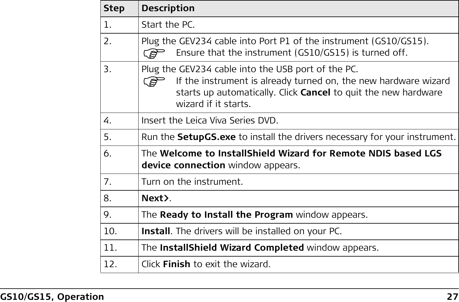 GS10/GS15, Operation 27Step Description1. Start the PC.2. Plug the GEV234 cable into Port P1 of the instrument (GS10/GS15).)Ensure that the instrument (GS10/GS15) is turned off.3. Plug the GEV234 cable into the USB port of the PC.)If the instrument is already turned on, the new hardware wizard starts up automatically. Click Cancel to quit the new hardware wizard if it starts.4. Insert the Leica Viva Series DVD.5. Run the SetupGS.exe to install the drivers necessary for your instrument.6. The Welcome to InstallShield Wizard for Remote NDIS based LGS device connection window appears.7. Turn on the instrument.8. Next&gt;.9. The Ready to Install the Program window appears.10. Install. The drivers will be installed on your PC.11. The InstallShield Wizard Completed window appears.12. Click Finish to exit the wizard.