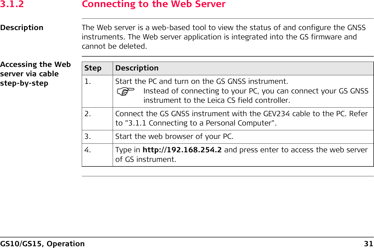 GS10/GS15, Operation 313.1.2 Connecting to the Web ServerDescription The Web server is a web-based tool to view the status of and configure the GNSS instruments. The Web server application is integrated into the GS firmware and cannot be deleted.Accessing the Web server via cable step-by-stepStep Description1. Start the PC and turn on the GS GNSS instrument.)Instead of connecting to your PC, you can connect your GS GNSS instrument to the Leica CS field controller.2. Connect the GS GNSS instrument with the GEV234 cable to the PC. Refer to &quot;3.1.1 Connecting to a Personal Computer&quot;.3. Start the web browser of your PC.4. Type in http://192.168.254.2 and press enter to access the web server of GS instrument.