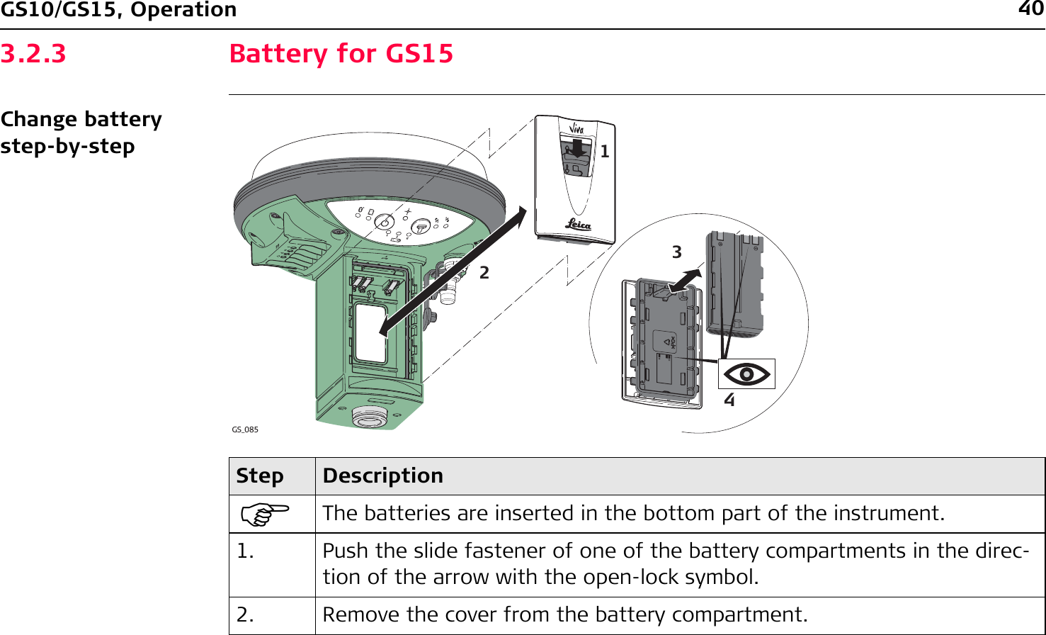 40GS10/GS15, Operation3.2.3 Battery for GS15Change battery step-by-stepStep Description)The batteries are inserted in the bottom part of the instrument.1. Push the slide fastener of one of the battery compartments in the direc-tion of the arrow with the open-lock symbol.2. Remove the cover from the battery compartment.GS_0851234