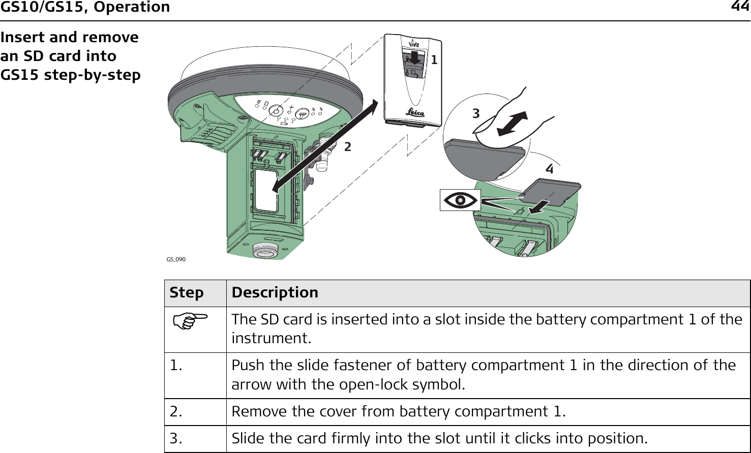 44GS10/GS15, OperationInsert and remove an SD card into GS15 step-by-stepStep Description)The SD card is inserted into a slot inside the battery compartment 1 of the instrument.1. Push the slide fastener of battery compartment 1 in the direction of the arrow with the open-lock symbol.2. Remove the cover from battery compartment 1.3. Slide the card firmly into the slot until it clicks into position.GS_0904123