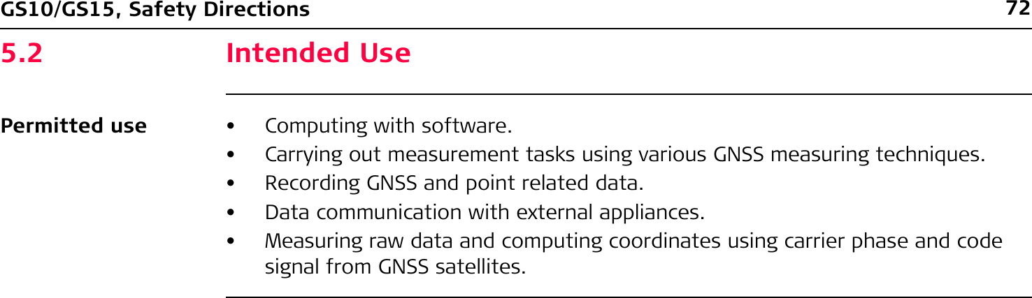 72GS10/GS15, Safety Directions5.2 Intended UsePermitted use • Computing with software.• Carrying out measurement tasks using various GNSS measuring techniques.• Recording GNSS and point related data.• Data communication with external appliances.• Measuring raw data and computing coordinates using carrier phase and code signal from GNSS satellites.