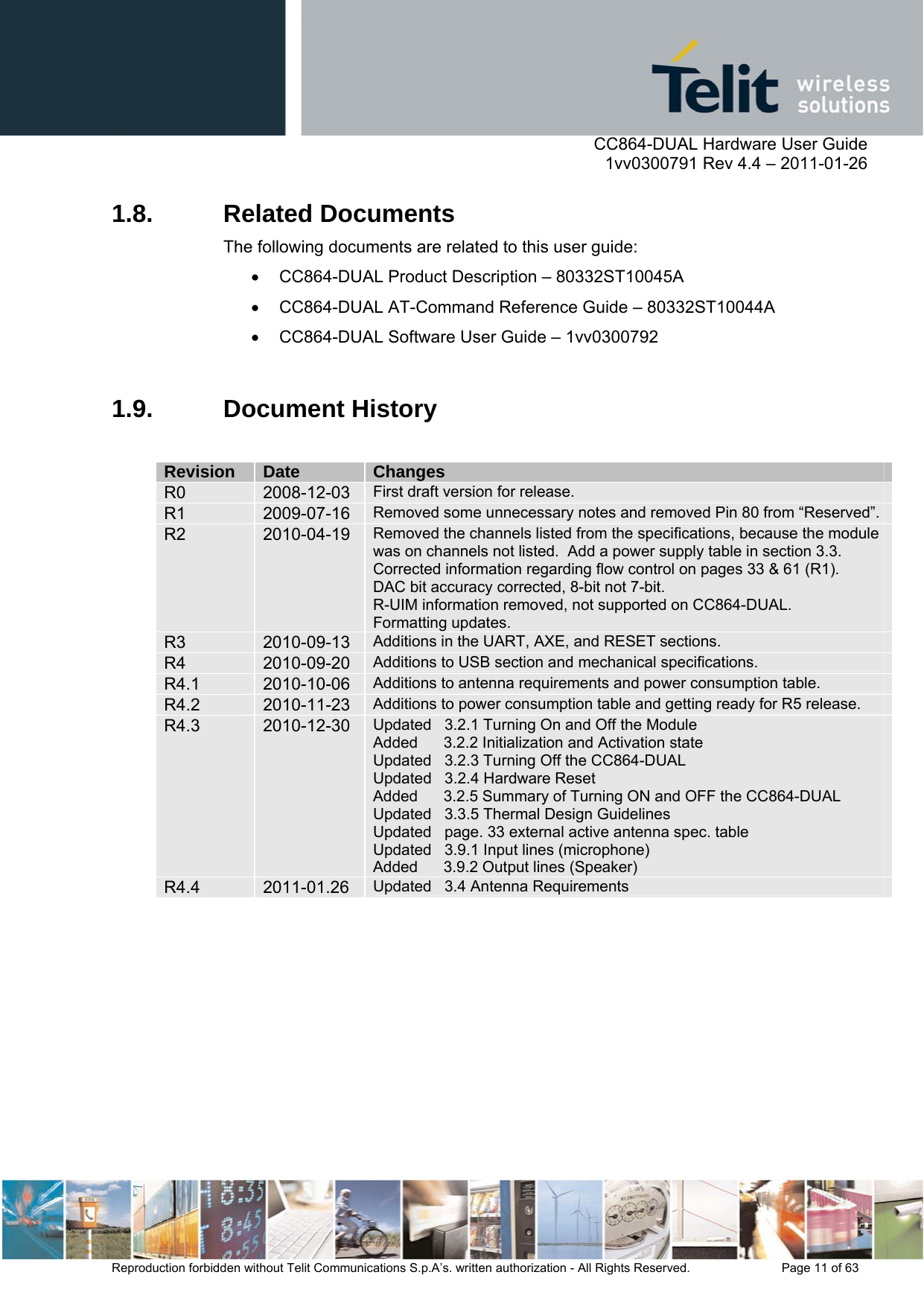      CC864-DUAL Hardware User Guide    1vv0300791 Rev 4.4 – 2011-01-26  Reproduction forbidden without Telit Communications S.p.A’s. written authorization - All Rights Reserved.    Page 11 of 63  1.8. Related Documents The following documents are related to this user guide:   CC864-DUAL Product Description – 80332ST10045A   CC864-DUAL AT-Command Reference Guide – 80332ST10044A   CC864-DUAL Software User Guide – 1vv0300792  1.9. Document History  Revision  Date  Changes R0  2008-12-03  First draft version for release. R1  2009-07-16  Removed some unnecessary notes and removed Pin 80 from “Reserved”.R2  2010-04-19  Removed the channels listed from the specifications, because the module was on channels not listed.  Add a power supply table in section 3.3. Corrected information regarding flow control on pages 33 &amp; 61 (R1). DAC bit accuracy corrected, 8-bit not 7-bit. R-UIM information removed, not supported on CC864-DUAL. Formatting updates. R3  2010-09-13  Additions in the UART, AXE, and RESET sections. R4  2010-09-20  Additions to USB section and mechanical specifications. R4.1  2010-10-06  Additions to antenna requirements and power consumption table. R4.2  2010-11-23  Additions to power consumption table and getting ready for R5 release. R4.3  2010-12-30  Updated   3.2.1 Turning On and Off the Module Added      3.2.2 Initialization and Activation state Updated   3.2.3 Turning Off the CC864-DUAL Updated   3.2.4 Hardware Reset Added      3.2.5 Summary of Turning ON and OFF the CC864-DUAL Updated   3.3.5 Thermal Design Guidelines Updated   page. 33 external active antenna spec. table Updated   3.9.1 Input lines (microphone) Added      3.9.2 Output lines (Speaker) R4.4  2011-01.26  Updated   3.4 Antenna Requirements  