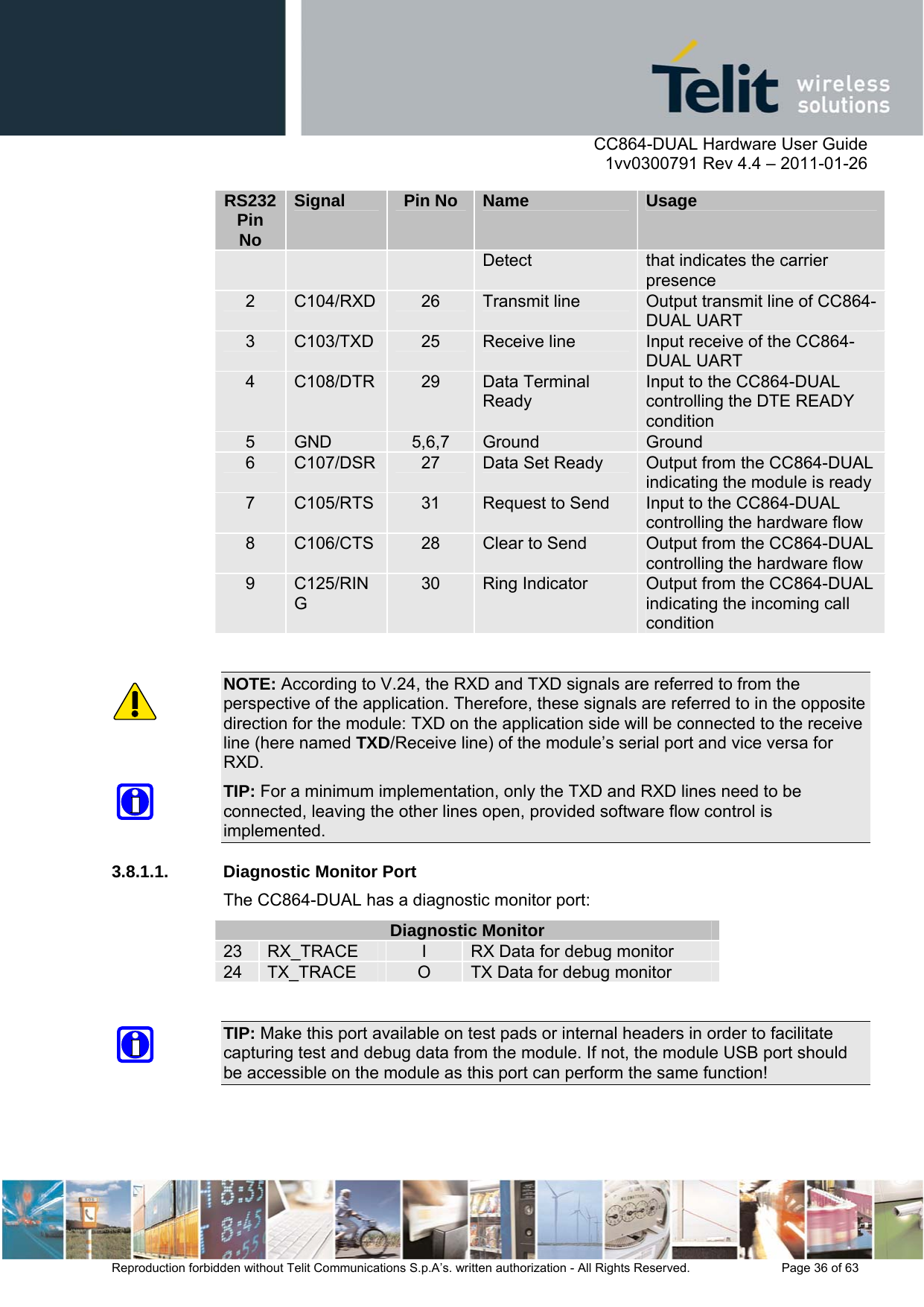      CC864-DUAL Hardware User Guide    1vv0300791 Rev 4.4 – 2011-01-26  Reproduction forbidden without Telit Communications S.p.A’s. written authorization - All Rights Reserved.    Page 36 of 63  RS232Pin No Signal  Pin No  Name  Usage Detect  that indicates the carrier presence 2  C104/RXD  26  Transmit line  Output transmit line of CC864-DUAL UART 3  C103/TXD  25  Receive line  Input receive of the CC864-DUAL UART 4  C108/DTR  29  Data Terminal Ready Input to the CC864-DUAL controlling the DTE READY condition 5  GND  5,6,7  Ground  Ground 6  C107/DSR  27  Data Set Ready  Output from the CC864-DUAL indicating the module is ready7  C105/RTS  31  Request to Send  Input to the CC864-DUAL controlling the hardware flow 8  C106/CTS  28  Clear to Send  Output from the CC864-DUAL controlling the hardware flow  9  C125/RING 30  Ring Indicator  Output from the CC864-DUAL indicating the incoming call condition  NOTE: According to V.24, the RXD and TXD signals are referred to from the perspective of the application. Therefore, these signals are referred to in the opposite direction for the module: TXD on the application side will be connected to the receive line (here named TXD/Receive line) of the module’s serial port and vice versa for RXD. TIP: For a minimum implementation, only the TXD and RXD lines need to be connected, leaving the other lines open, provided software flow control is implemented.  3.8.1.1.  Diagnostic Monitor Port The CC864-DUAL has a diagnostic monitor port: Diagnostic Monitor 23  RX_TRACE  I  RX Data for debug monitor 24  TX_TRACE  O  TX Data for debug monitor  TIP: Make this port available on test pads or internal headers in order to facilitate capturing test and debug data from the module. If not, the module USB port should be accessible on the module as this port can perform the same function!  