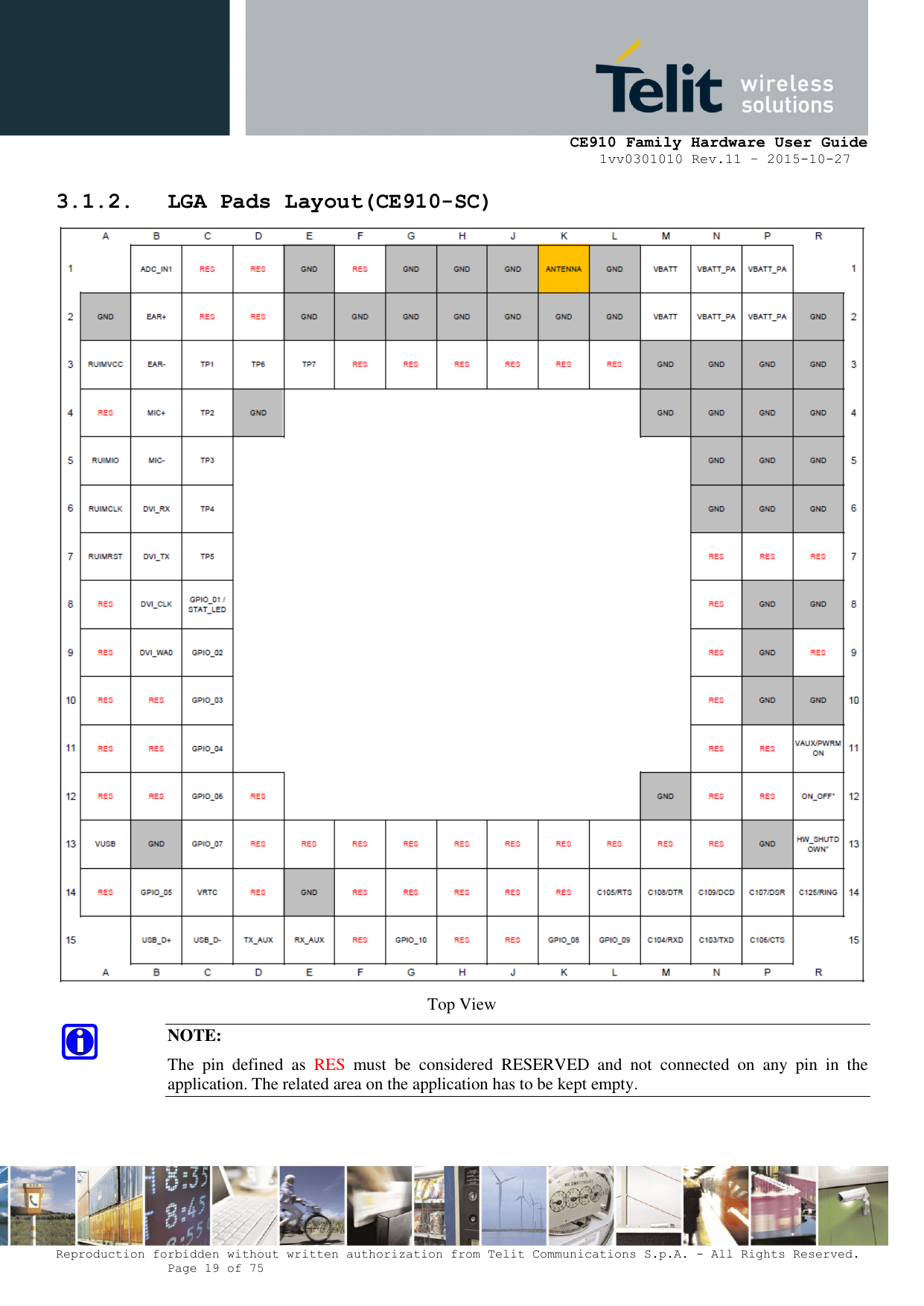     CE910 Family Hardware User Guide 1vv0301010 Rev.11 – 2015-10-27 Reproduction forbidden without written authorization from Telit Communications S.p.A. - All Rights Reserved.    Page 19 of 75                                                     3.1.2. LGA Pads Layout(CE910-SC)  Top View NOTE: The  pin  defined  as  RES  must  be  considered  RESERVED  and  not  connected  on  any  pin  in  the application. The related area on the application has to be kept empty. 