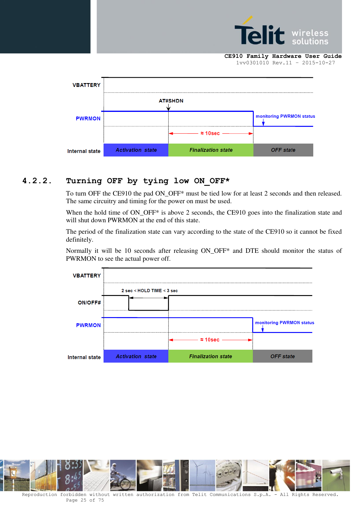     CE910 Family Hardware User Guide 1vv0301010 Rev.11 – 2015-10-27 Reproduction forbidden without written authorization from Telit Communications S.p.A. - All Rights Reserved.    Page 25 of 75                                                       4.2.2. Turning OFF by tying low ON_OFF* To turn OFF the CE910 the pad ON_OFF* must be tied low for at least 2 seconds and then released. The same circuitry and timing for the power on must be used. When the hold time of ON_OFF* is above 2 seconds, the CE910 goes into the finalization state and will shut down PWRMON at the end of this state. The period of the finalization state can vary according to the state of the CE910 so it cannot be fixed definitely. Normally  it  will  be  10  seconds  after  releasing  ON_OFF*  and  DTE  should  monitor  the  status  of PWRMON to see the actual power off.        