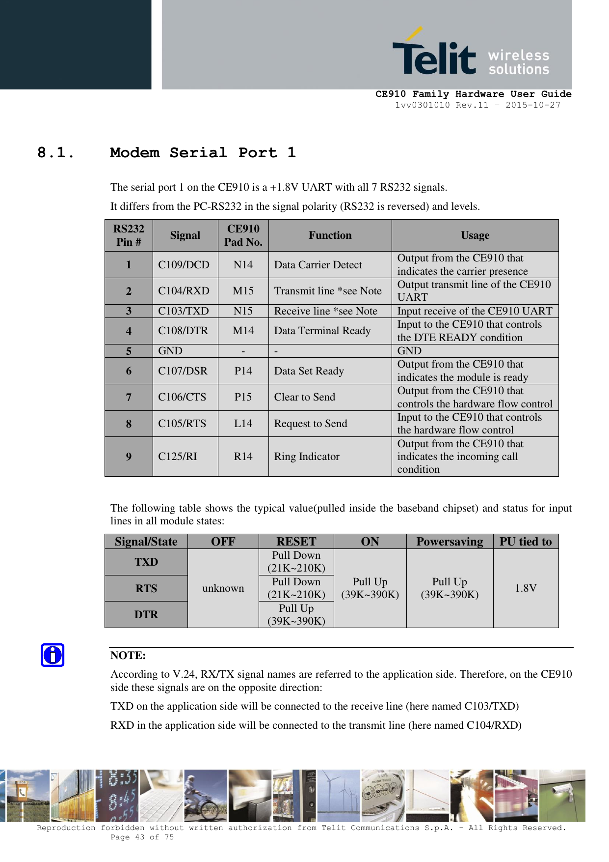     CE910 Family Hardware User Guide 1vv0301010 Rev.11 – 2015-10-27 Reproduction forbidden without written authorization from Telit Communications S.p.A. - All Rights Reserved.    Page 43 of 75                                                     8.1. Modem Serial Port 1 The serial port 1 on the CE910 is a +1.8V UART with all 7 RS232 signals.  It differs from the PC-RS232 in the signal polarity (RS232 is reversed) and levels. RS232 Pin # Signal CE910 Pad No. Function Usage 1 C109/DCD N14 Data Carrier Detect Output from the CE910 that indicates the carrier presence 2 C104/RXD M15 Transmit line *see Note Output transmit line of the CE910 UART 3 C103/TXD N15 Receive line *see Note Input receive of the CE910 UART 4 C108/DTR M14 Data Terminal Ready Input to the CE910 that controls the DTE READY condition 5 GND - - GND 6 C107/DSR P14 Data Set Ready Output from the CE910 that indicates the module is ready 7 C106/CTS P15 Clear to Send Output from the CE910 that controls the hardware flow control 8 C105/RTS L14 Request to Send Input to the CE910 that controls the hardware flow control 9 C125/RI R14 Ring Indicator Output from the CE910 that indicates the incoming call condition  The following table shows the typical value(pulled inside the baseband chipset) and status for input lines in all module states: Signal/State OFF RESET ON Powersaving PU tied to TXD unknown Pull Down (21K~210K) Pull Up (39K~390K) Pull Up (39K~390K) 1.8V RTS Pull Down (21K~210K) DTR Pull Up (39K~390K)  NOTE: According to V.24, RX/TX signal names are referred to the application side. Therefore, on the CE910 side these signals are on the opposite direction: TXD on the application side will be connected to the receive line (here named C103/TXD) RXD in the application side will be connected to the transmit line (here named C104/RXD)  