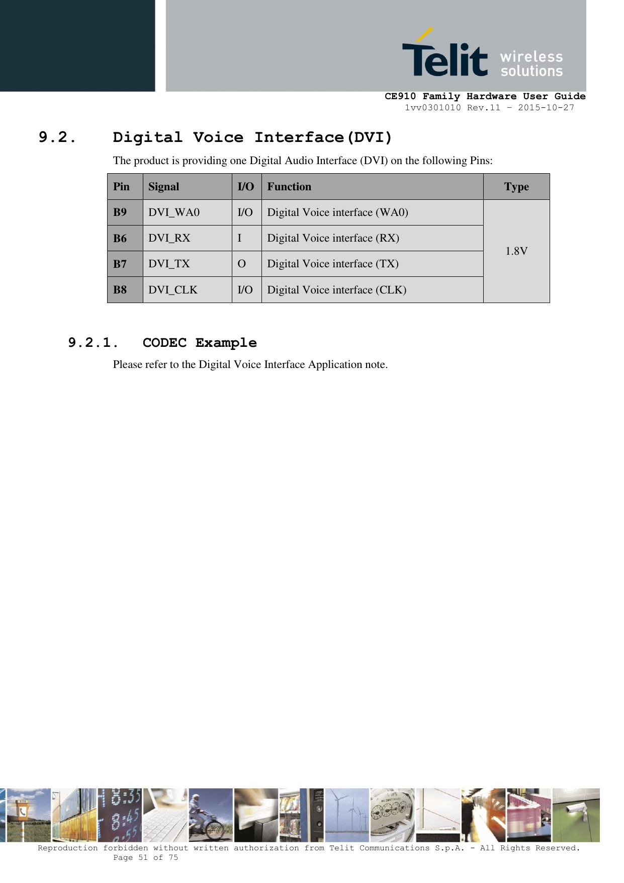     CE910 Family Hardware User Guide 1vv0301010 Rev.11 – 2015-10-27 Reproduction forbidden without written authorization from Telit Communications S.p.A. - All Rights Reserved.    Page 51 of 75                                                     9.2. Digital Voice Interface(DVI) The product is providing one Digital Audio Interface (DVI) on the following Pins: Pin Signal I/O Function Type B9 DVI_WA0 I/O Digital Voice interface (WA0) 1.8V B6 DVI_RX I Digital Voice interface (RX) B7 DVI_TX O Digital Voice interface (TX) B8 DVI_CLK I/O Digital Voice interface (CLK)  9.2.1. CODEC Example Please refer to the Digital Voice Interface Application note.    