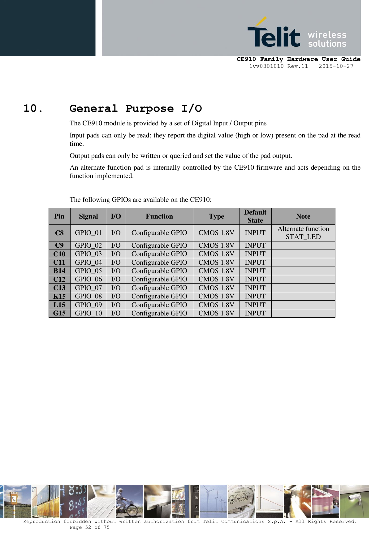     CE910 Family Hardware User Guide 1vv0301010 Rev.11 – 2015-10-27 Reproduction forbidden without written authorization from Telit Communications S.p.A. - All Rights Reserved.    Page 52 of 75                                                     10. General Purpose I/O The CE910 module is provided by a set of Digital Input / Output pins Input pads can only be read; they report the digital value (high or low) present on the pad at the read time. Output pads can only be written or queried and set the value of the pad output. An alternate function pad is internally controlled by the CE910 firmware and acts depending on the function implemented.  The following GPIOs are available on the CE910: Pin Signal I/O Function Type Default State Note C8 GPIO_01 I/O Configurable GPIO CMOS 1.8V INPUT Alternate function STAT_LED C9 GPIO_02 I/O Configurable GPIO CMOS 1.8V INPUT  C10 GPIO_03 I/O Configurable GPIO CMOS 1.8V INPUT  C11 GPIO_04 I/O Configurable GPIO CMOS 1.8V INPUT  B14 GPIO_05 I/O Configurable GPIO CMOS 1.8V INPUT  C12 GPIO_06 I/O Configurable GPIO CMOS 1.8V INPUT  C13 GPIO_07 I/O Configurable GPIO CMOS 1.8V INPUT  K15 GPIO_08 I/O Configurable GPIO CMOS 1.8V INPUT  L15 GPIO_09 I/O Configurable GPIO CMOS 1.8V INPUT  G15 GPIO_10 I/O Configurable GPIO CMOS 1.8V INPUT                 