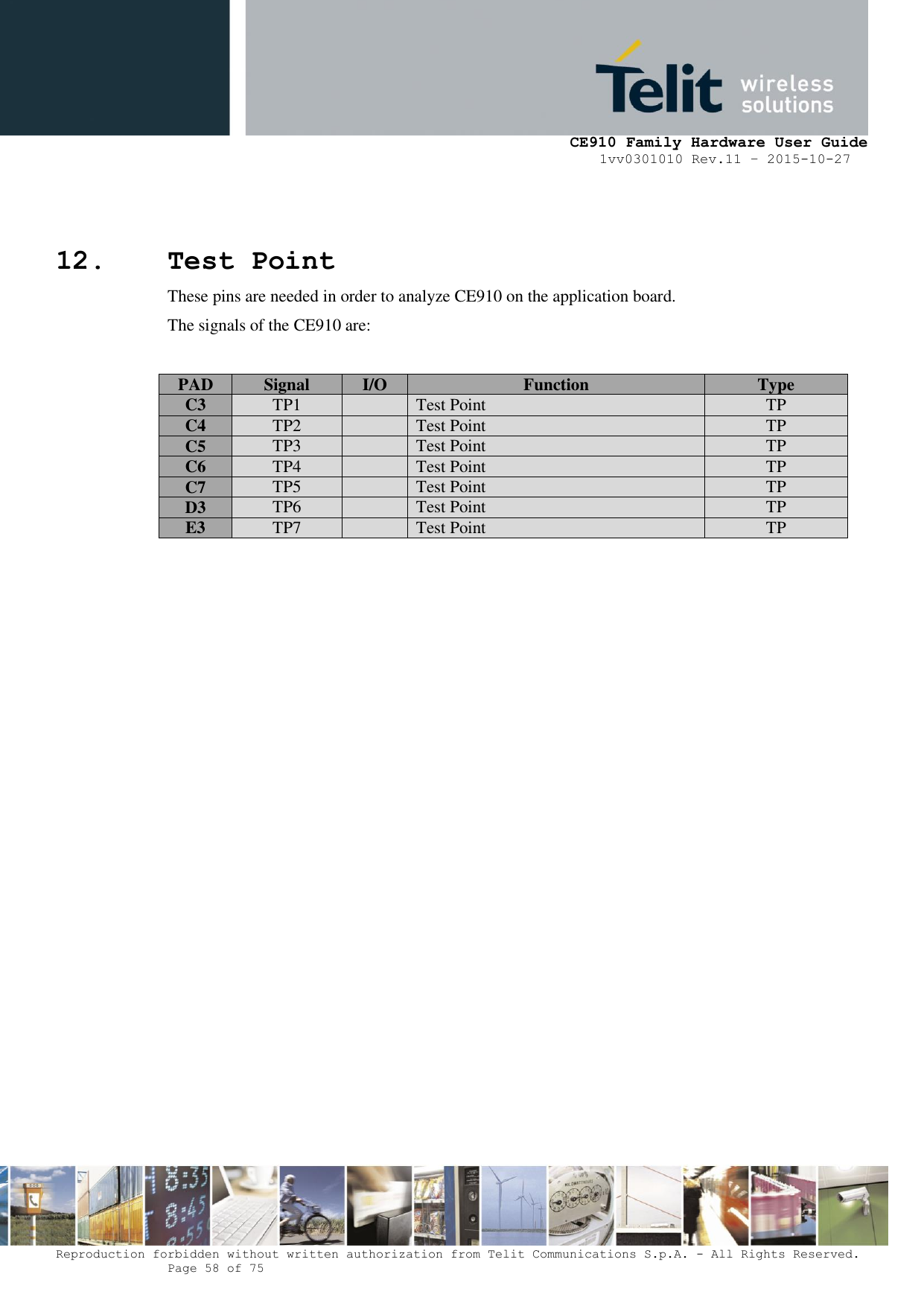     CE910 Family Hardware User Guide 1vv0301010 Rev.11 – 2015-10-27 Reproduction forbidden without written authorization from Telit Communications S.p.A. - All Rights Reserved.    Page 58 of 75                                                     12. Test Point These pins are needed in order to analyze CE910 on the application board. The signals of the CE910 are:  PAD Signal I/O Function Type C3 TP1  Test Point TP C4 TP2  Test Point TP C5 TP3  Test Point TP C6 TP4  Test Point TP C7 TP5  Test Point TP D3 TP6  Test Point TP E3 TP7  Test Point TP     