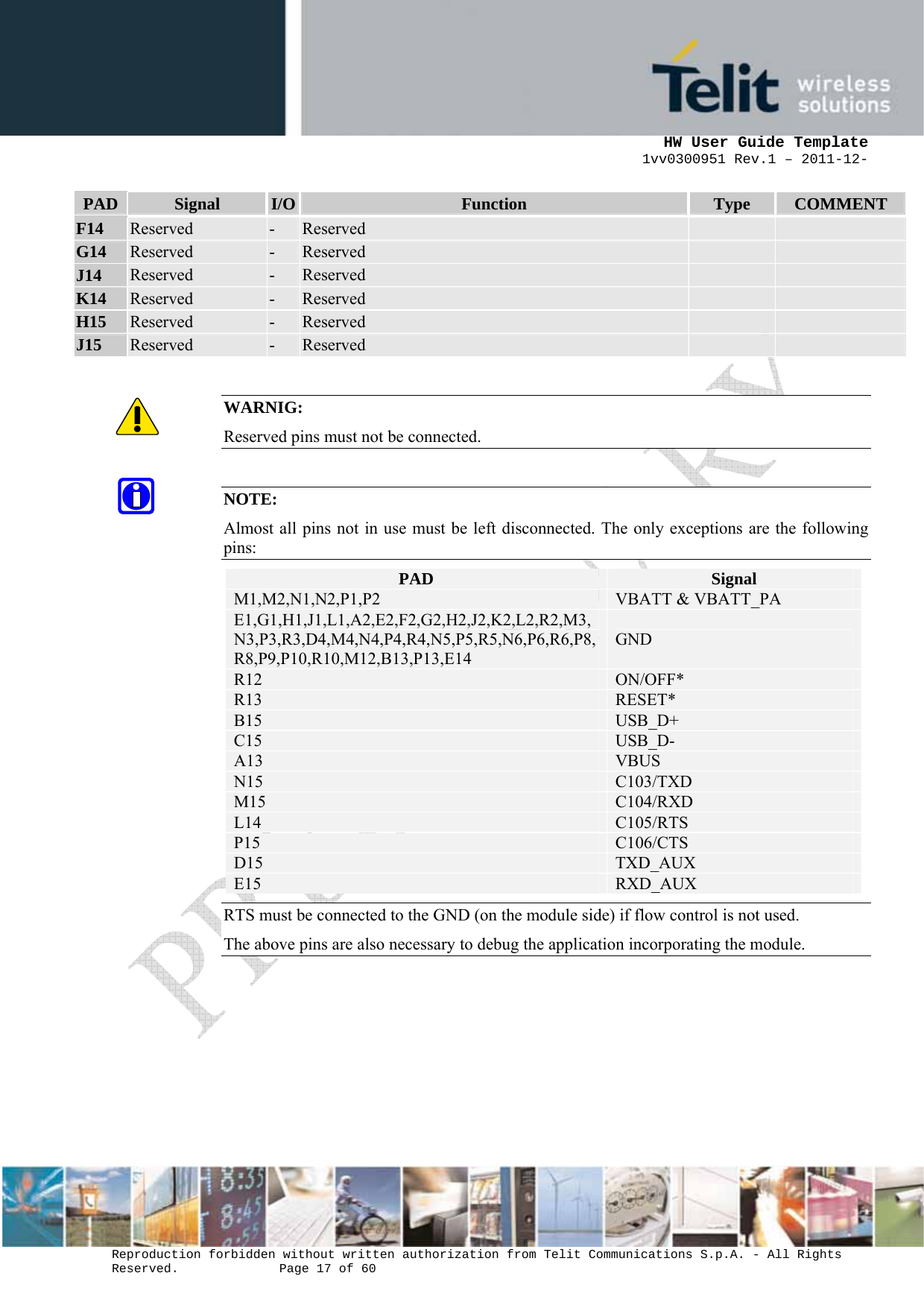      HW User Guide Template 1vv0300951 Rev.1 – 2011-12-  Reproduction forbidden without written authorization from Telit Communications S.p.A. - All Rights Reserved.    Page 17 of 60                                                     PAD  Signal  I/O  Function  Type  COMMENT F14  Reserved  -  Reserved     G14  Reserved  -  Reserved     J14  Reserved  -  Reserved     K14  Reserved  -  Reserved     H15  Reserved  -  Reserved     J15  Reserved  -  Reserved      WARNIG: Reserved pins must not be connected.  NOTE: Almost all pins not in use must be left disconnected. The only exceptions are the following pins: PAD  Signal M1,M2,N1,N2,P1,P2  VBATT &amp; VBATT_PA E1,G1,H1,J1,L1,A2,E2,F2,G2,H2,J2,K2,L2,R2,M3,N3,P3,R3,D4,M4,N4,P4,R4,N5,P5,R5,N6,P6,R6,P8,R8,P9,P10,R10,M12,B13,P13,E14 GND R12  ON/OFF* R13  RESET* B15  USB_D+ C15  USB_D- A13  VBUS N15  C103/TXD M15  C104/RXD L14  C105/RTS P15  C106/CTS D15  TXD_AUX E15  RXD_AUX RTS must be connected to the GND (on the module side) if flow control is not used. The above pins are also necessary to debug the application incorporating the module.  