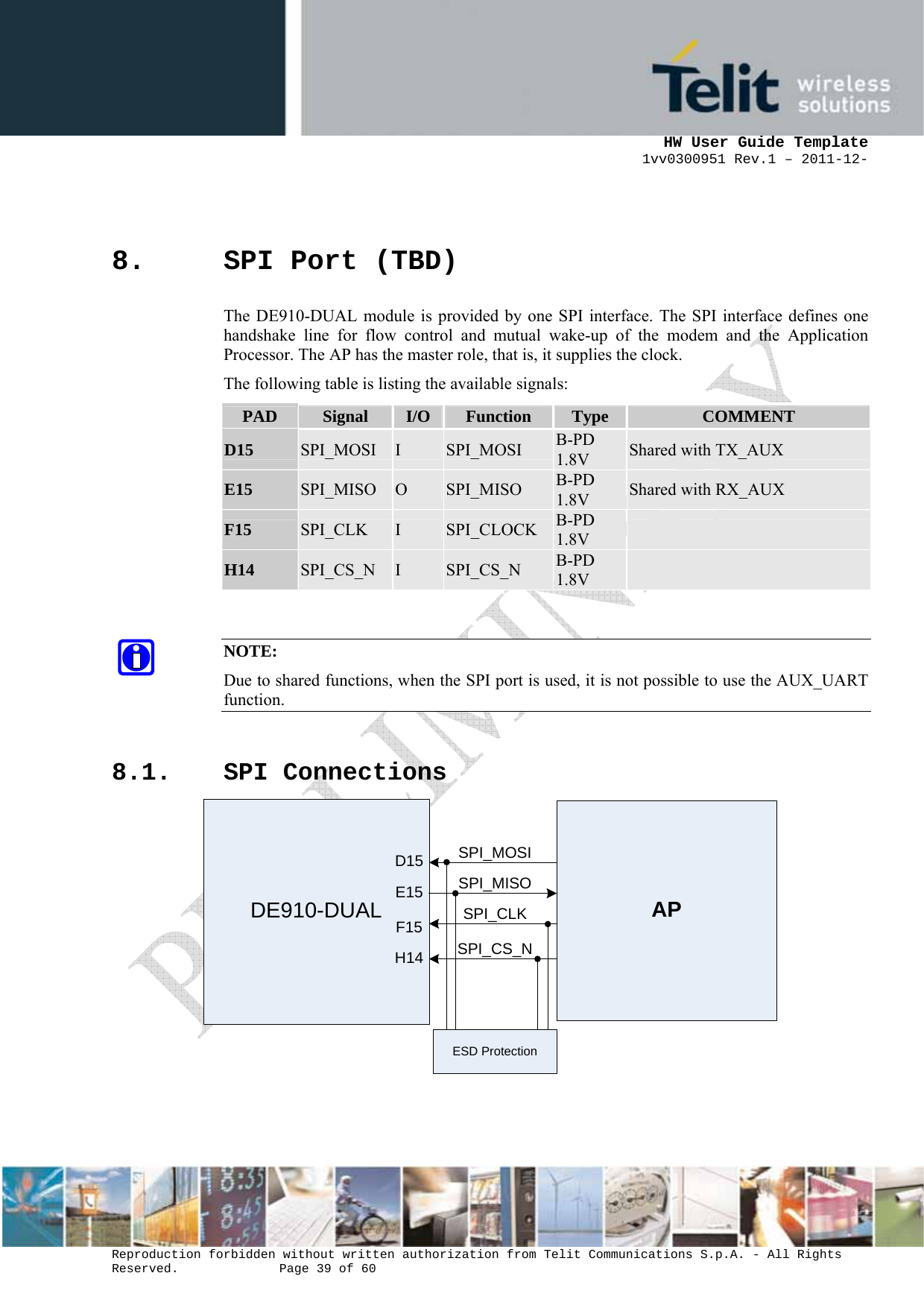      HW User Guide Template 1vv0300951 Rev.1 – 2011-12-  Reproduction forbidden without written authorization from Telit Communications S.p.A. - All Rights Reserved.    Page 39 of 60                                                     8. SPI Port (TBD) The DE910-DUAL module is provided by one SPI interface. The SPI interface defines one handshake line for flow control and mutual wake-up of the modem and the Application Processor. The AP has the master role, that is, it supplies the clock.  The following table is listing the available signals: PAD  Signal  I/O Function  Type  COMMENT D15  SPI_MOSI  I  SPI_MOSI  B-PD 1.8V  Shared with TX_AUX E15  SPI_MISO  O  SPI_MISO  B-PD 1.8V  Shared with RX_AUX F15  SPI_CLK  I  SPI_CLOCK  B-PD 1.8V   H14  SPI_CS_N  I  SPI_CS_N  B-PD 1.8V     NOTE: Due to shared functions, when the SPI port is used, it is not possible to use the AUX_UART function.  8.1. SPI Connections DE910-DUAL APD15E15F15H14SPI_MOSISPI_MISOSPI_CLKSPI_CS_NESD Protection     