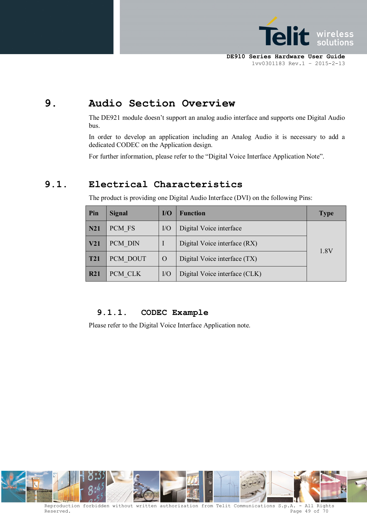      DE910 Series Hardware User Guide 1vv0301183 Rev.1 – 2015-2-13 Reproduction forbidden without written authorization from Telit Communications S.p.A. - All Rights Reserved.                                                                          Page 49 of 70 9. Audio Section Overview The DE921 module doesn’t support an analog audio interface and supports one Digital Audio bus.  In  order  to  develop  an  application  including  an  Analog  Audio  it  is  necessary  to  add  a dedicated CODEC on the Application design. For further information, please refer to the “Digital Voice Interface Application Note”.  9.1. Electrical Characteristics The product is providing one Digital Audio Interface (DVI) on the following Pins: Pin  Signal  I/O Function  Type N21  PCM_FS  I/O Digital Voice interface 1.8V V21  PCM_DIN  I  Digital Voice interface (RX) T21  PCM_DOUT  O  Digital Voice interface (TX) R21  PCM_CLK  I/O Digital Voice interface (CLK)  9.1.1. CODEC Example Please refer to the Digital Voice Interface Application note.     