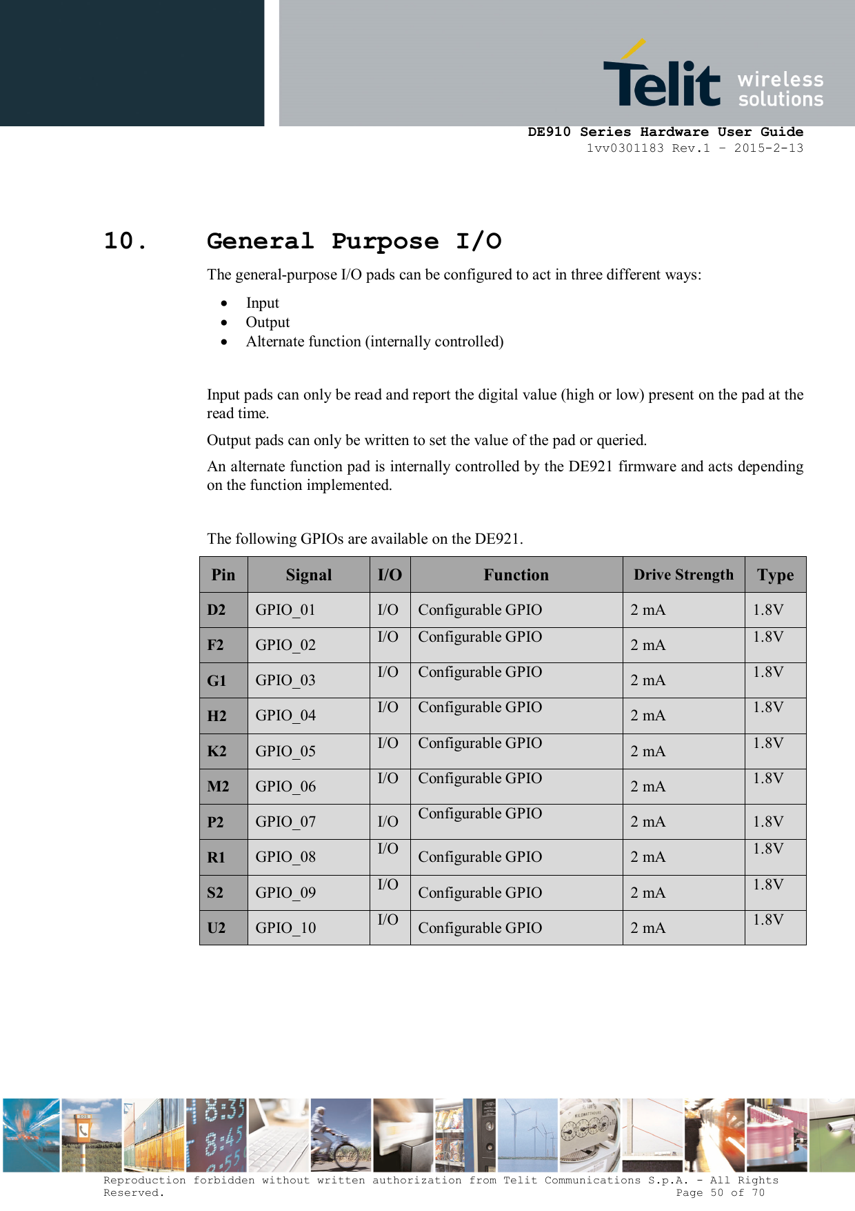      DE910 Series Hardware User Guide 1vv0301183 Rev.1 – 2015-2-13 Reproduction forbidden without written authorization from Telit Communications S.p.A. - All Rights Reserved.                                                                          Page 50 of 70 10. General Purpose I/O The general-purpose I/O pads can be configured to act in three different ways:  Input  Output  Alternate function (internally controlled)  Input pads can only be read and report the digital value (high or low) present on the pad at the read time. Output pads can only be written to set the value of the pad or queried. An alternate function pad is internally controlled by the DE921 firmware and acts depending on the function implemented.  The following GPIOs are available on the DE921. Pin Signal  I/O Function  Drive Strength Type D2  GPIO_01  I/O Configurable GPIO  2 mA  1.8V F2  GPIO_02 I/O Configurable GPIO 2 mA 1.8V G1  GPIO_03 I/O Configurable GPIO 2 mA 1.8V H2  GPIO_04 I/O Configurable GPIO 2 mA 1.8V K2  GPIO_05 I/O Configurable GPIO 2 mA 1.8V M2  GPIO_06 I/O Configurable GPIO 2 mA 1.8V P2  GPIO_07  I/O Configurable GPIO 2 mA  1.8V R1  GPIO_08 I/O Configurable GPIO  2 mA 1.8V S2  GPIO_09 I/O Configurable GPIO  2 mA 1.8V U2  GPIO_10 I/O Configurable GPIO  2 mA 1.8V        