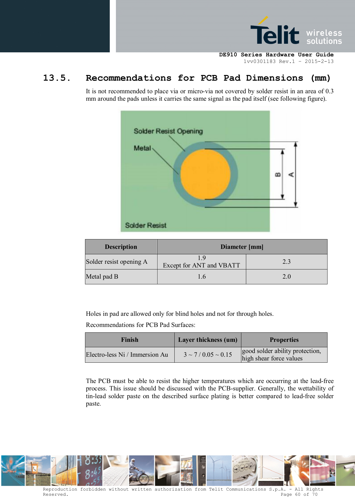      DE910 Series Hardware User Guide 1vv0301183 Rev.1 – 2015-2-13 Reproduction forbidden without written authorization from Telit Communications S.p.A. - All Rights Reserved.                                                                          Page 60 of 70 13.5. Recommendations for PCB Pad Dimensions (mm) It is not recommended to place via or micro-via not covered by solder resist in an area of 0.3 mm around the pads unless it carries the same signal as the pad itself (see following figure).  Description  Diameter [mm] Solder resist opening A 1.9 Except for ANT and VBATT  2.3 Metal pad B  1.6  2.0   Holes in pad are allowed only for blind holes and not for through holes. Recommendations for PCB Pad Surfaces: Finish  Layer thickness (um) Properties Electro-less Ni / Immersion Au  3 ~ 7 / 0.05 ~ 0.15 good solder ability protection, high shear force values  The PCB must be able to resist the higher  temperatures which are occurring at the lead-free process. This issue should be discussed with the  PCB-supplier.  Generally, the wettability  of tin-lead  solder  paste  on  the  described  surface  plating  is  better  compared  to  lead-free  solder paste.  