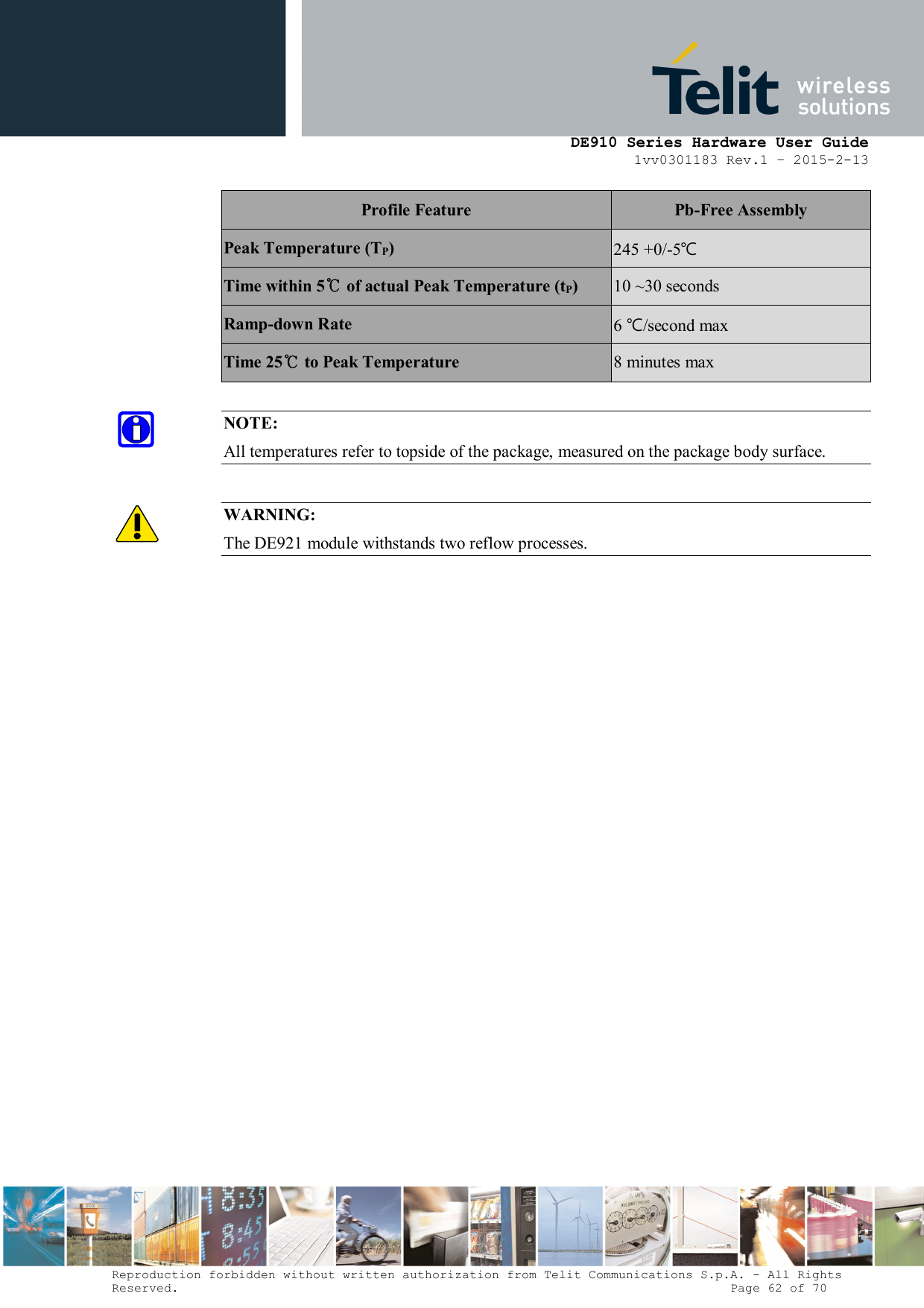      DE910 Series Hardware User Guide 1vv0301183 Rev.1 – 2015-2-13 Reproduction forbidden without written authorization from Telit Communications S.p.A. - All Rights Reserved.                                                                          Page 62 of 70 Profile Feature  Pb-Free Assembly Peak Temperature (TP)  245 +0/-5℃ Time within 5℃ of actual Peak Temperature (tP)  10 ~30 seconds Ramp-down Rate  6 ℃/second max Time 25℃ to Peak Temperature  8 minutes max  NOTE: All temperatures refer to topside of the package, measured on the package body surface.  WARNING: The DE921 module withstands two reflow processes.        