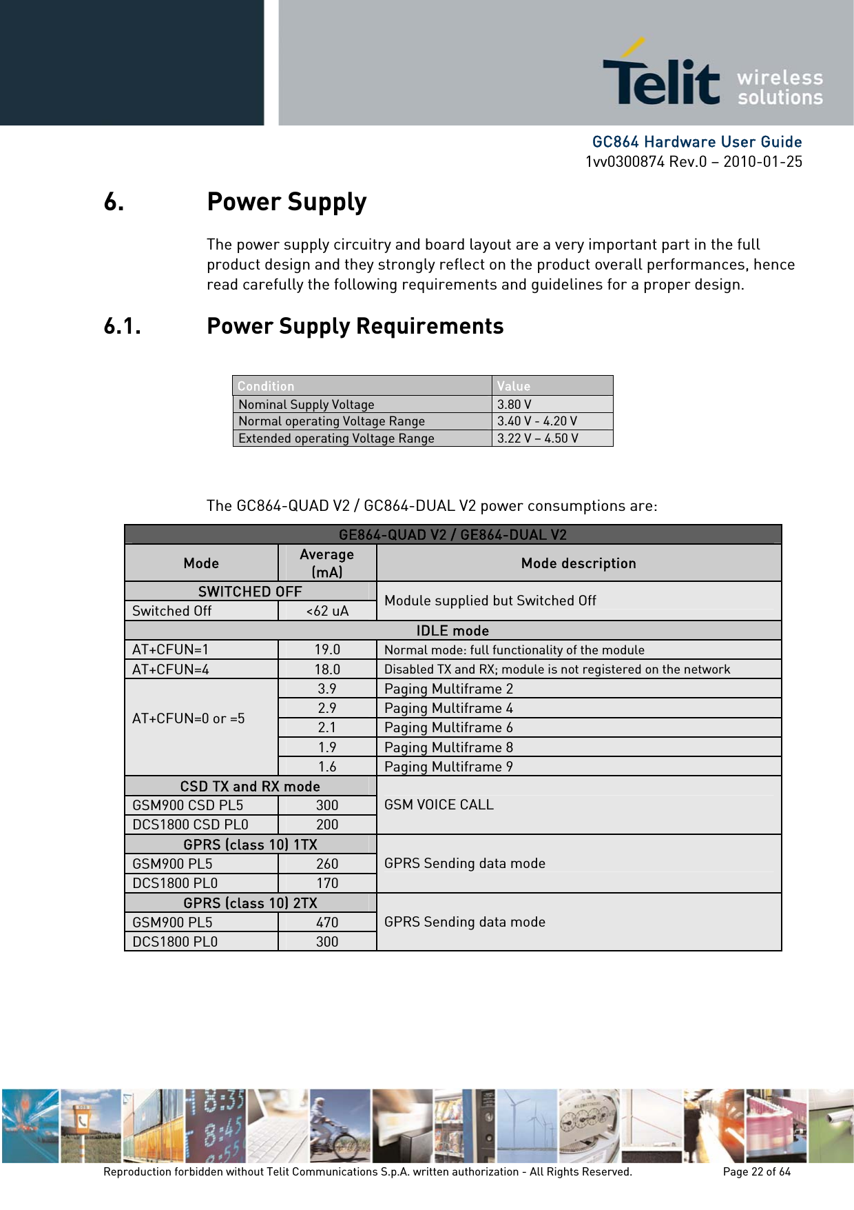      GC864 Hardware User Guide 1vv0300874 Rev.0 – 2010-01-25 Reproduction forbidden without Telit Communications S.p.A. written authorization - All Rights Reserved.    Page 22 of 64  6. Power Supply The power supply circuitry and board layout are a very important part in the full product design and they strongly reflect on the product overall performances, hence read carefully the following requirements and guidelines for a proper design. 6.1. Power Supply Requirements  Condition  Value Nominal Supply Voltage 3.80 V Normal operating Voltage Range 3.40 V - 4.20 V Extended operating Voltage Range 3.22 V – 4.50 V   The GC864-QUAD V2 / GC864-DUAL V2 power consumptions are:  GE864-QUAD V2 / GE864-DUAL V2 Mode Average (mA) Mode description SWITCHED OFF Switched Off &lt;62 uA Module supplied but Switched Off IDLE mode AT+CFUN=1 19.0 Normal mode: full functionality of the module AT+CFUN=4 18.0 Disabled TX and RX; module is not registered on the network 3.9 Paging Multiframe 2 2.9 Paging Multiframe 4 2.1 Paging Multiframe 6 1.9 Paging Multiframe 8 AT+CFUN=0 or =5  1.6 Paging Multiframe 9 CSD TX and RX mode GSM900 CSD PL5 300 DCS1800 CSD PL0 200 GSM VOICE CALL GPRS (class 10) 1TX GSM900 PL5 260 DCS1800 PL0 170 GPRS Sending data mode GPRS (class 10) 2TX GSM900 PL5 470 DCS1800 PL0 300 GPRS Sending data mode  