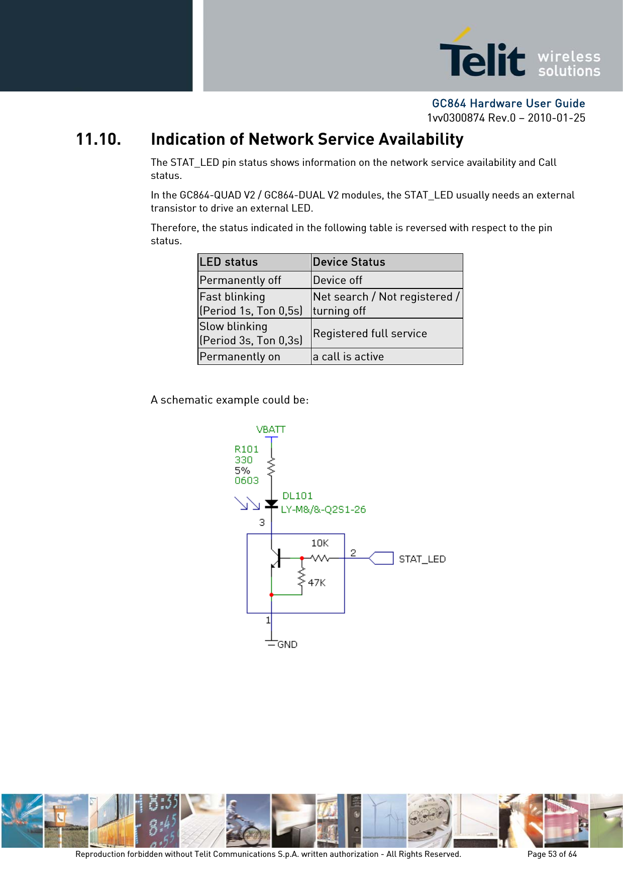      GC864 Hardware User Guide 1vv0300874 Rev.0 – 2010-01-25 Reproduction forbidden without Telit Communications S.p.A. written authorization - All Rights Reserved.    Page 53 of 64  11.10. Indication of Network Service Availability The STAT_LED pin status shows information on the network service availability and Call status.  In the GC864-QUAD V2 / GC864-DUAL V2 modules, the STAT_LED usually needs an external transistor to drive an external LED. Therefore, the status indicated in the following table is reversed with respect to the pin status. LED status  Device Status Permanently off  Device off Fast blinking (Period 1s, Ton 0,5s) Net search / Not registered / turning off Slow blinking (Period 3s, Ton 0,3s)  Registered full service Permanently on  a call is active  A schematic example could be:         
