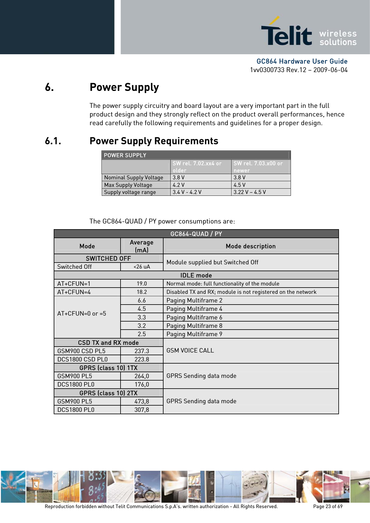      GC864 Hardware User Guide 1vv0300733 Rev.12 – 2009-06-04 6. Power Supply The power supply circuitry and board layout are a very important part in the full product design and they strongly reflect on the product overall performances, hence read carefully the following requirements and guidelines for a proper design. 6.1. Power Supply Requirements POWER SUPPLY  SW rel. 7.02.xx4 or older SW rel. 7.03.x00 or newer Nominal Supply Voltage 3.8 V  3.8 V Max Supply Voltage 4.2 V  4.5 V Supply voltage range 3.4 V - 4.2 V  3.22 V – 4.5 V   The GC864-QUAD / PY power consumptions are:  GC864-QUAD / PY Mode Average (mA) Mode description SWITCHED OFF Switched Off &lt;26 uA Module supplied but Switched Off IDLE mode AT+CFUN=1 19.0 Normal mode: full functionality of the module AT+CFUN=4 18.2 Disabled TX and RX; module is not registered on the network 6.6 Paging Multiframe 2 4.5 Paging Multiframe 4 3.3 Paging Multiframe 6 3.2 Paging Multiframe 8 AT+CFUN=0 or =5  2.5 Paging Multiframe 9 CSD TX and RX mode GSM900 CSD PL5 237.3 DCS1800 CSD PL0 223.8 GSM VOICE CALL GPRS (class 10) 1TX GSM900 PL5 264,0 DCS1800 PL0 176,0 GPRS Sending data mode GPRS (class 10) 2TX GSM900 PL5 473,8 DCS1800 PL0 307,8 GPRS Sending data mode  Reproduction forbidden without Telit Communications S.p.A’s. written authorization - All Rights Reserved.    Page 23 of 69  
