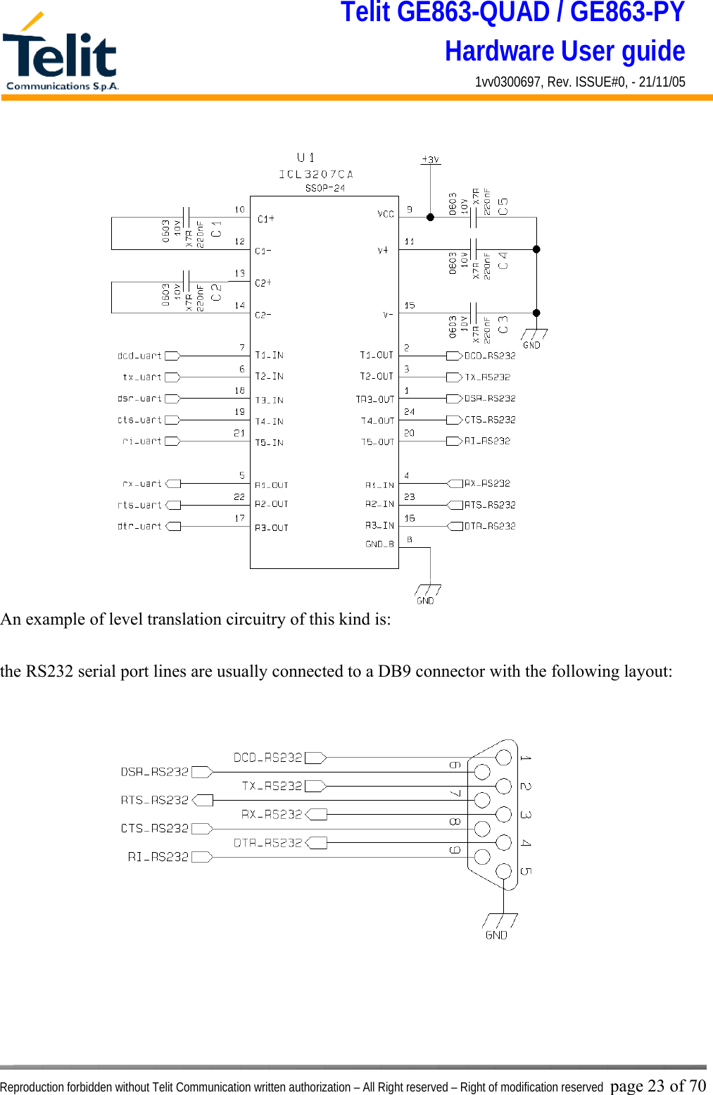Telit GE863-QUAD / GE863-PY Hardware User guide 1vv0300697, Rev. ISSUE#0, - 21/11/05    Reproduction forbidden without Telit Communication written authorization – All Right reserved – Right of modification reserved page 23 of 70 An example of level translation circuitry of this kind is:  the RS232 serial port lines are usually connected to a DB9 connector with the following layout: 