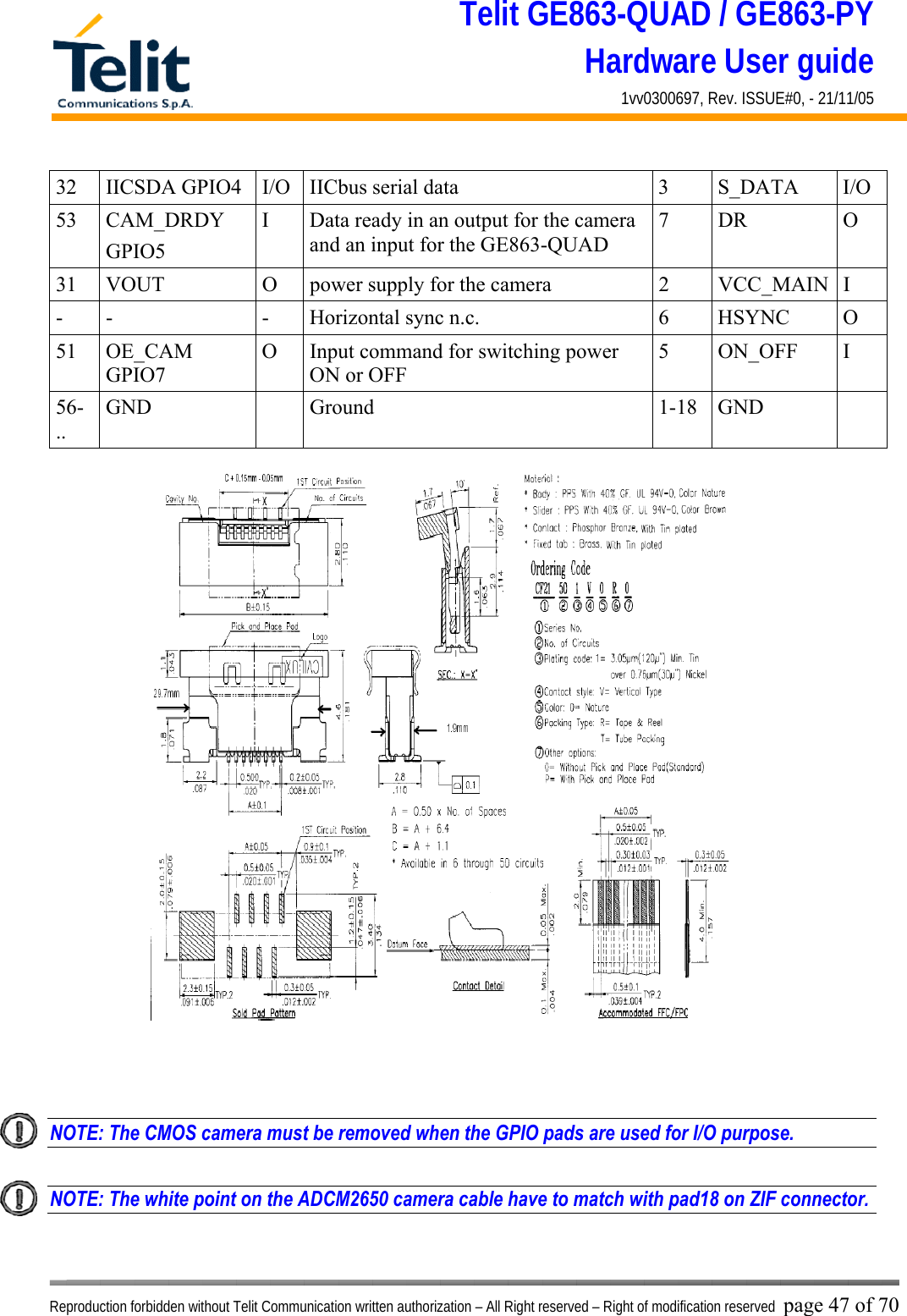 Telit GE863-QUAD / GE863-PY Hardware User guide 1vv0300697, Rev. ISSUE#0, - 21/11/05    Reproduction forbidden without Telit Communication written authorization – All Right reserved – Right of modification reserved page 47 of 70 32  IICSDA GPIO4  I/O  IICbus serial data  3  S_DATA  I/O 53 CAM_DRDY GPIO5 I  Data ready in an output for the camera and an input for the GE863-QUAD  7 DR  O 31  VOUT  O  power supply for the camera   2  VCC_MAIN I -  -  -  Horizontal sync n.c.  6  HSYNC  O 51 OE_CAM GPIO7 O  Input command for switching power ON or OFF 5 ON_OFF I 56-.. GND  Ground  1-18 GND     NOTE: The CMOS camera must be removed when the GPIO pads are used for I/O purpose.  NOTE: The white point on the ADCM2650 camera cable have to match with pad18 on ZIF connector.  