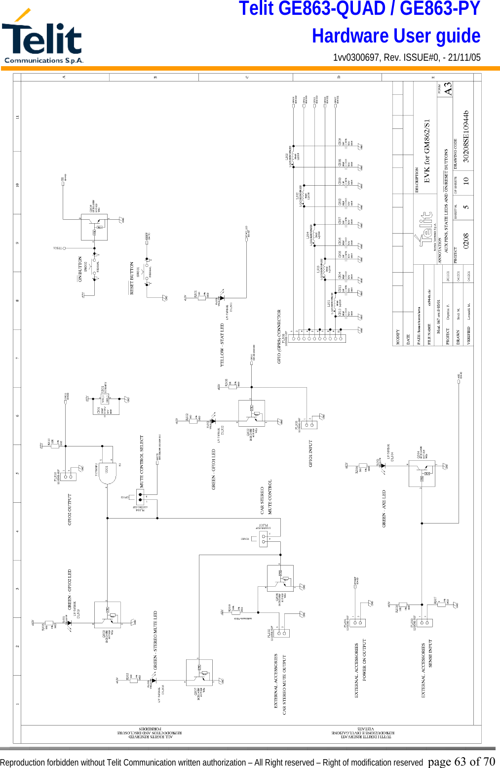 Telit GE863-QUAD / GE863-PY Hardware User guide 1vv0300697, Rev. ISSUE#0, - 21/11/05    Reproduction forbidden without Telit Communication written authorization – All Right reserved – Right of modification reserved page 63 of 70 