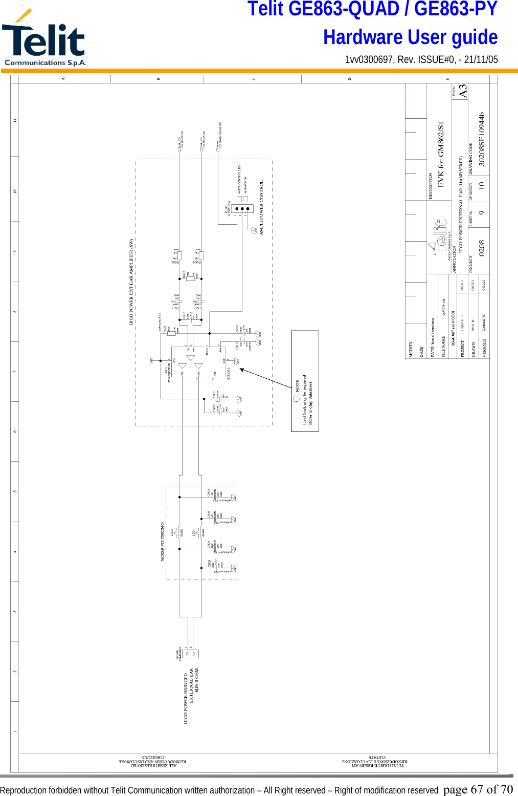 Telit GE863-QUAD / GE863-PY Hardware User guide 1vv0300697, Rev. ISSUE#0, - 21/11/05    Reproduction forbidden without Telit Communication written authorization – All Right reserved – Right of modification reserved page 67 of 70 